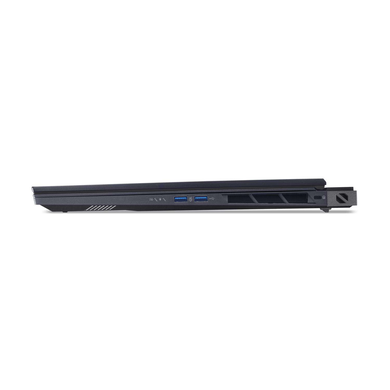 A laptop's side view against a black backdrop. Visible are ports, including USB, and a vent for cooling.