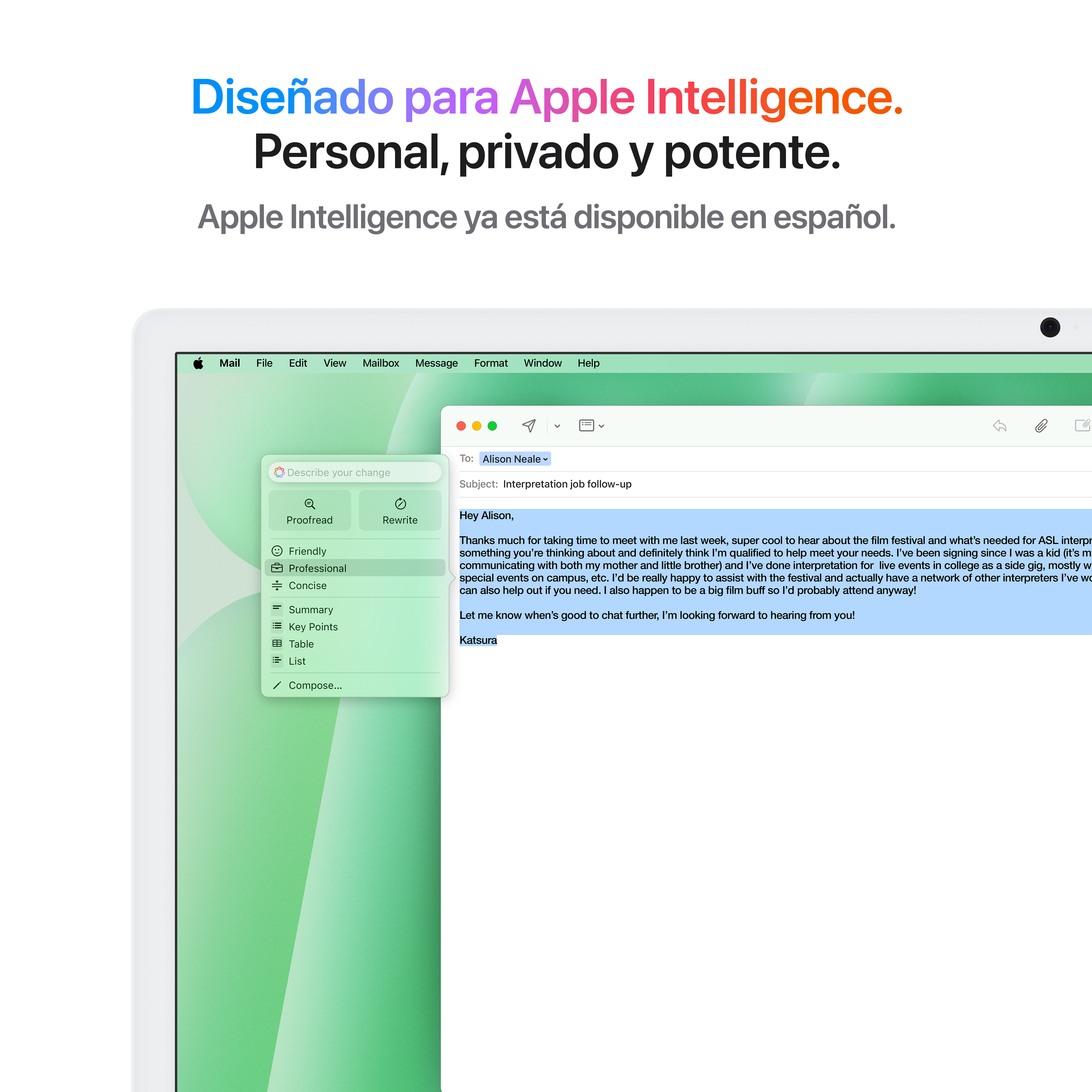 Pantalla de portátil mostrando un correo electrónico con una barra lateral sobre fondo blanco.