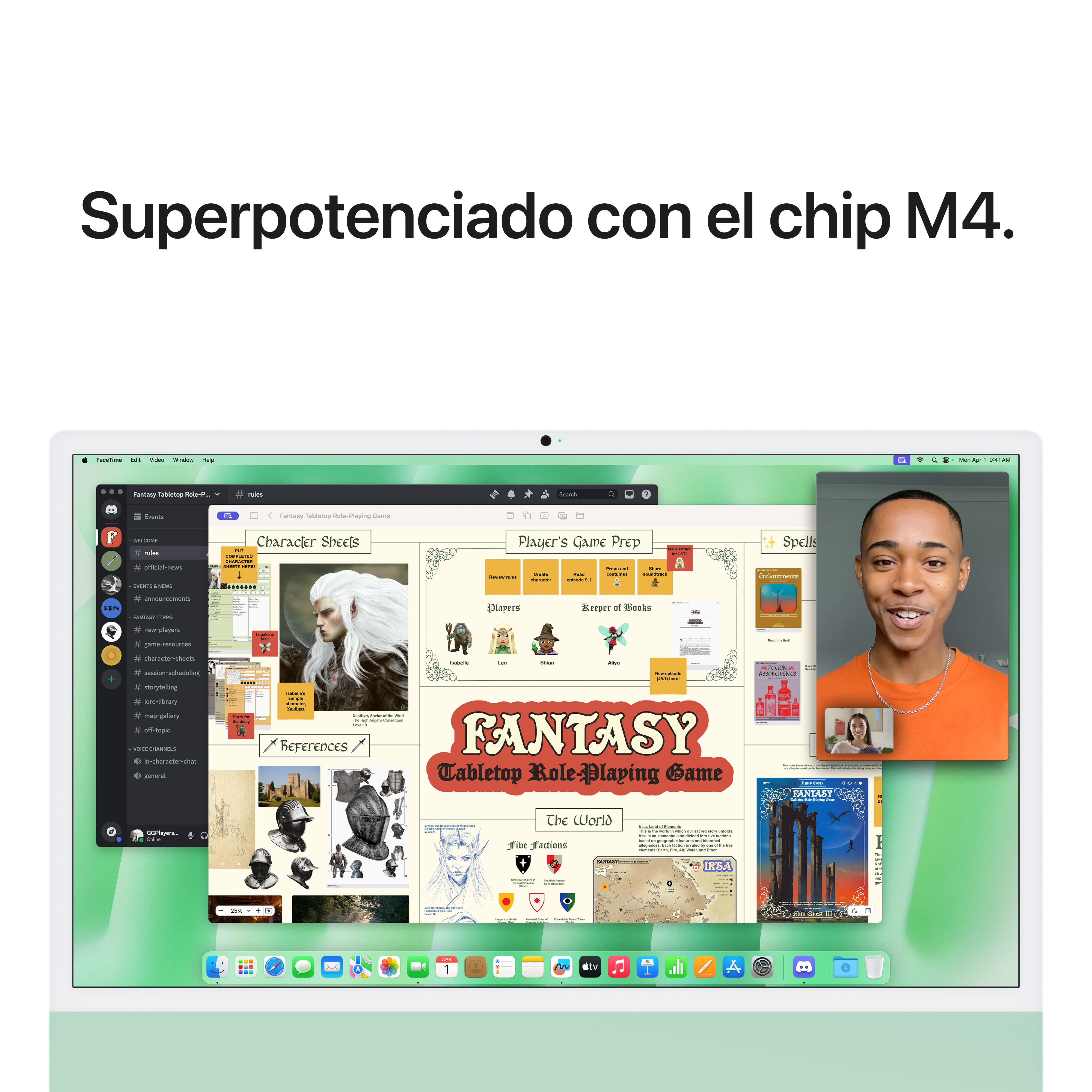 Portátil blanco mostrando una interfaz de juego de rol de fantasía con una videollamada al lado.