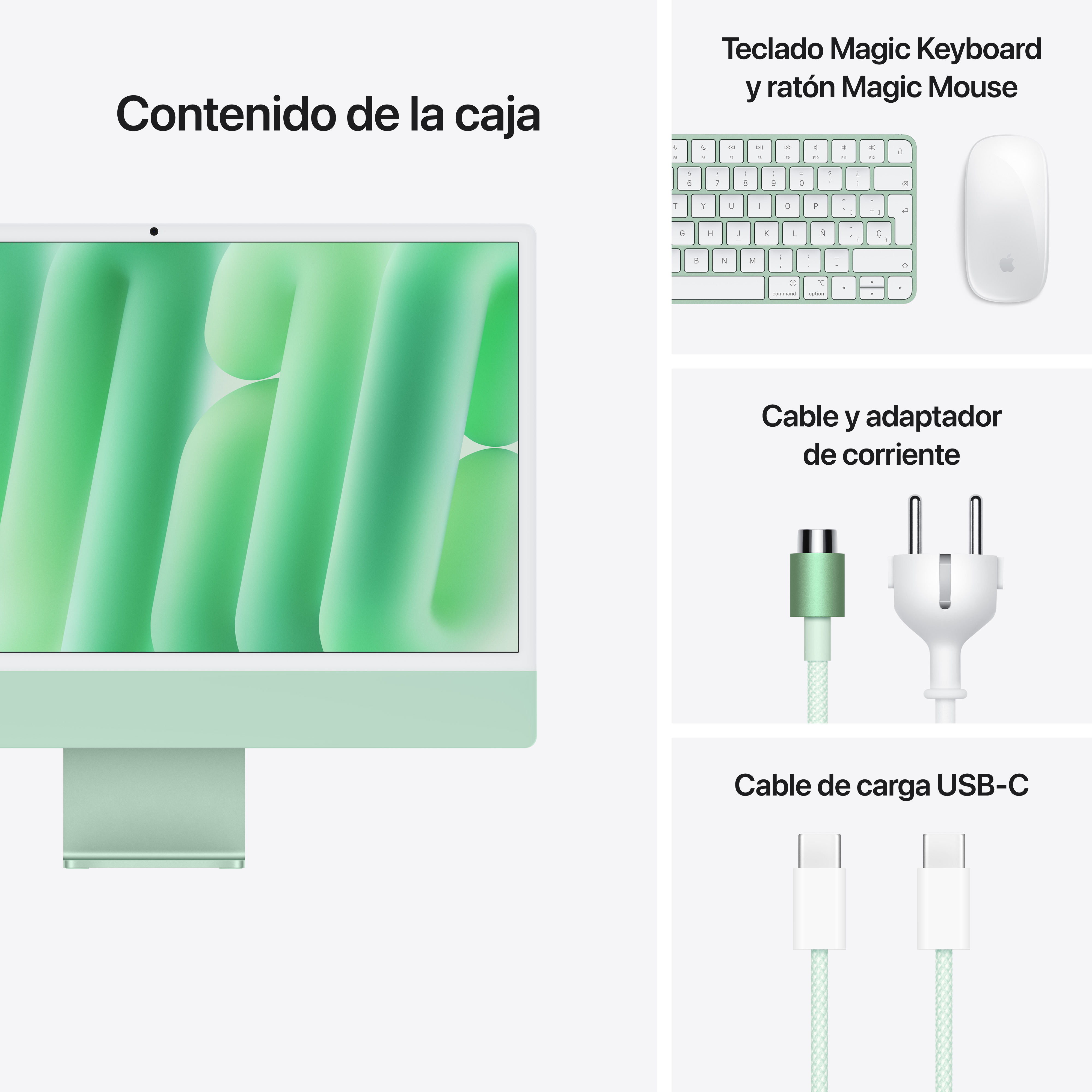 Un iMac, teclado, ratón, cable de alimentación y cable USB-C, todo en verde.