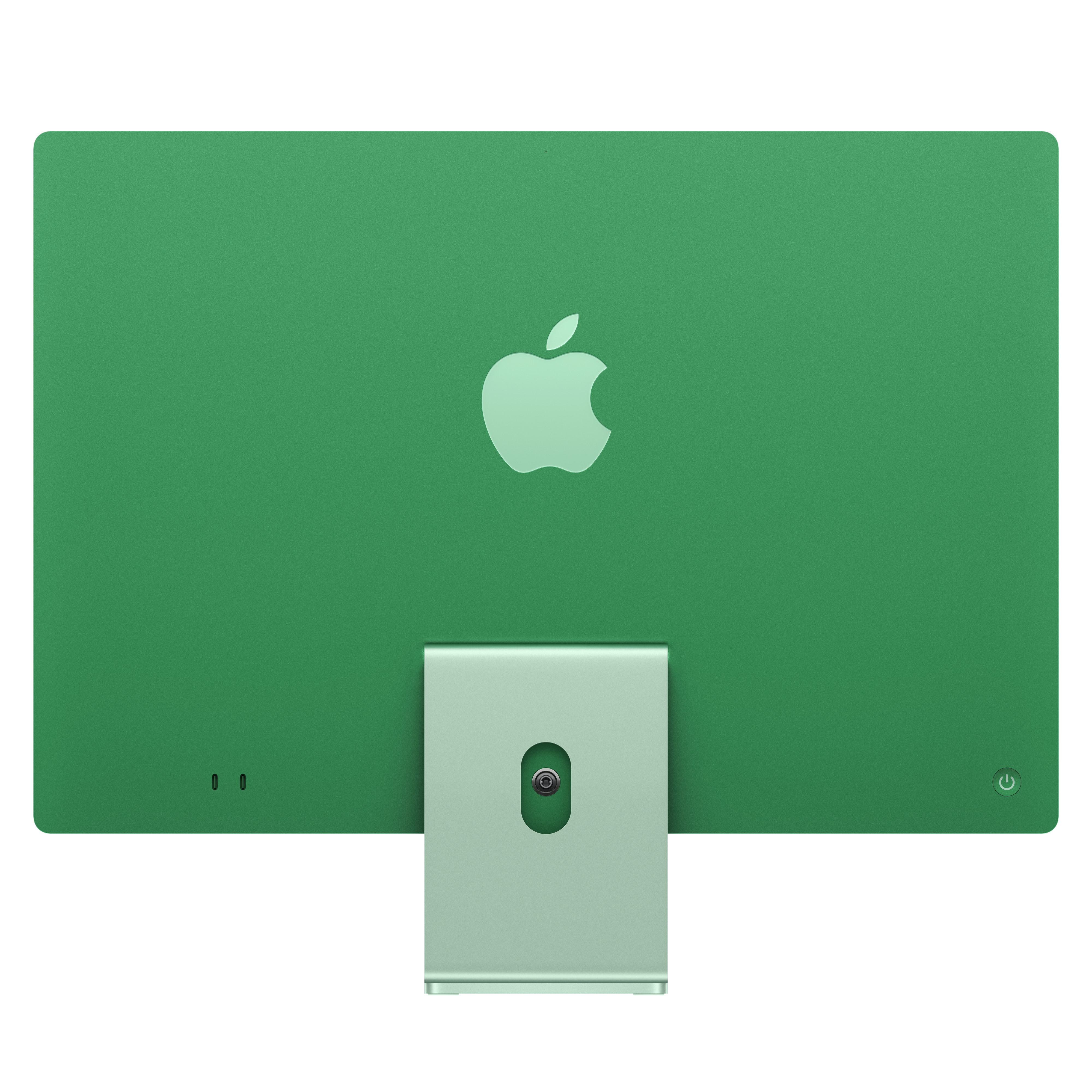 Parte trasera de una iMac verde, con logo Apple, soporte y botón de encendido.