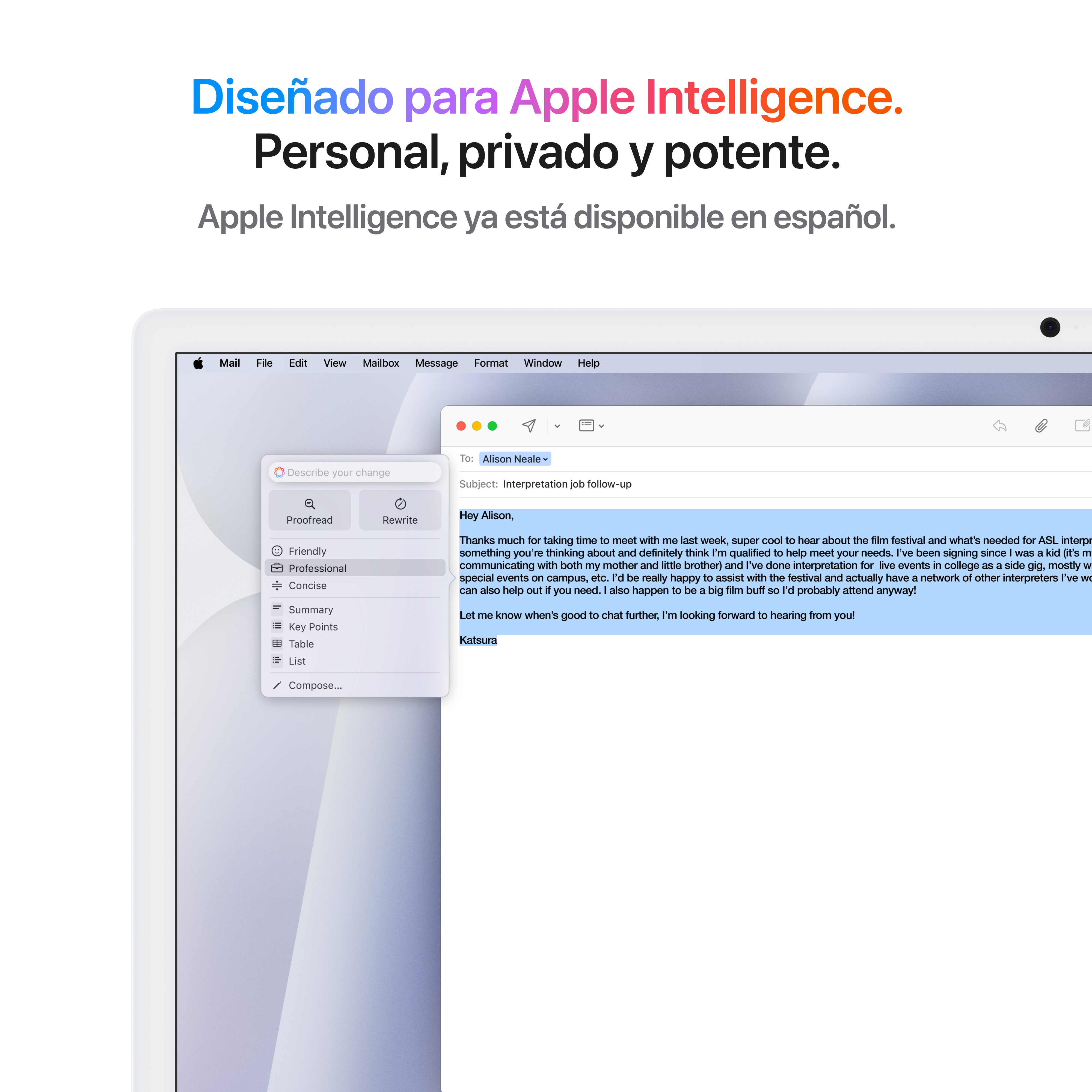 iPad Pro de Apple, con una app de correo abierta. El texto dice 'Diseñado para Apple Intelligence'.