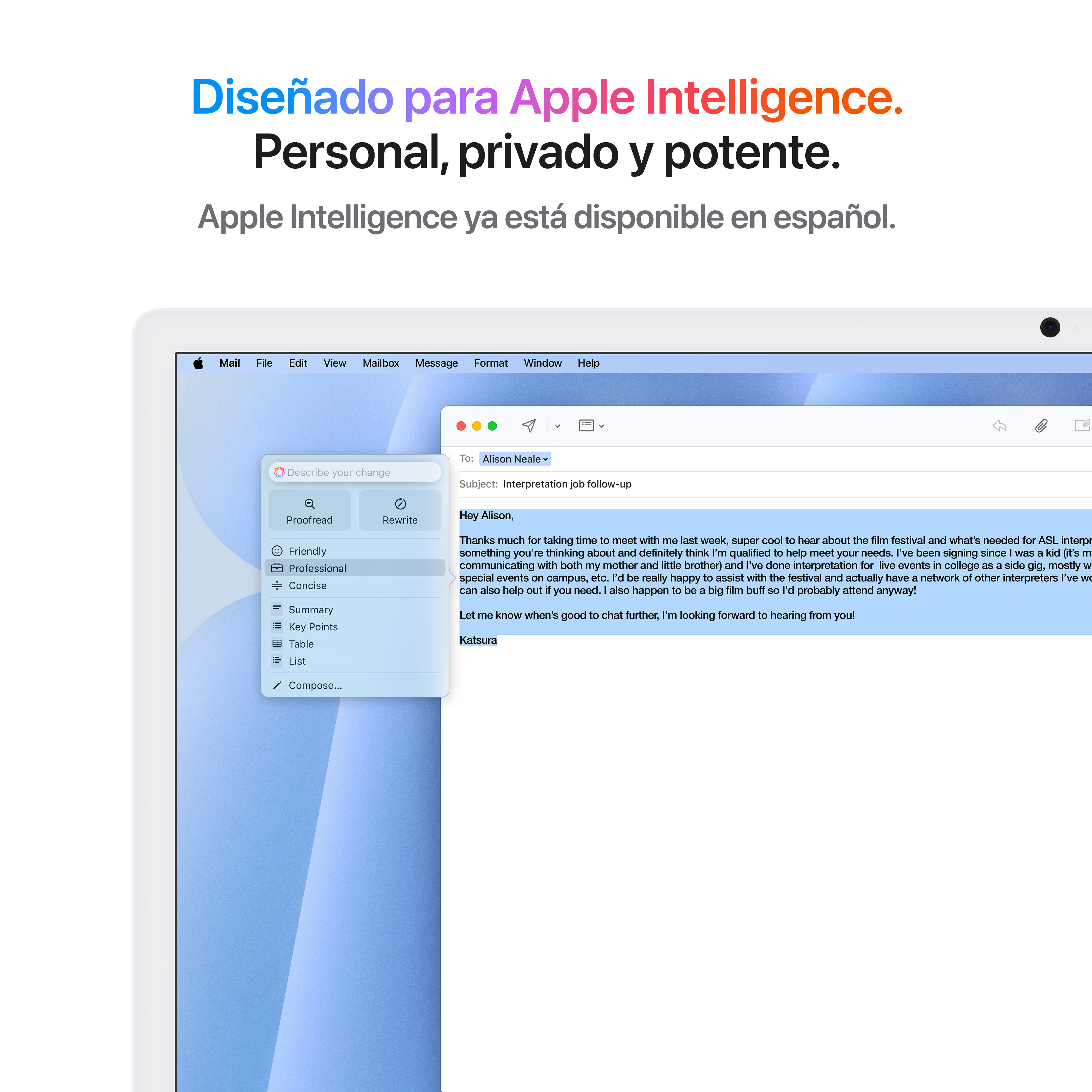 Una pantalla de tableta que muestra una interfaz de correo electrónico. Texto: Diseñado para Apple Intelligence.