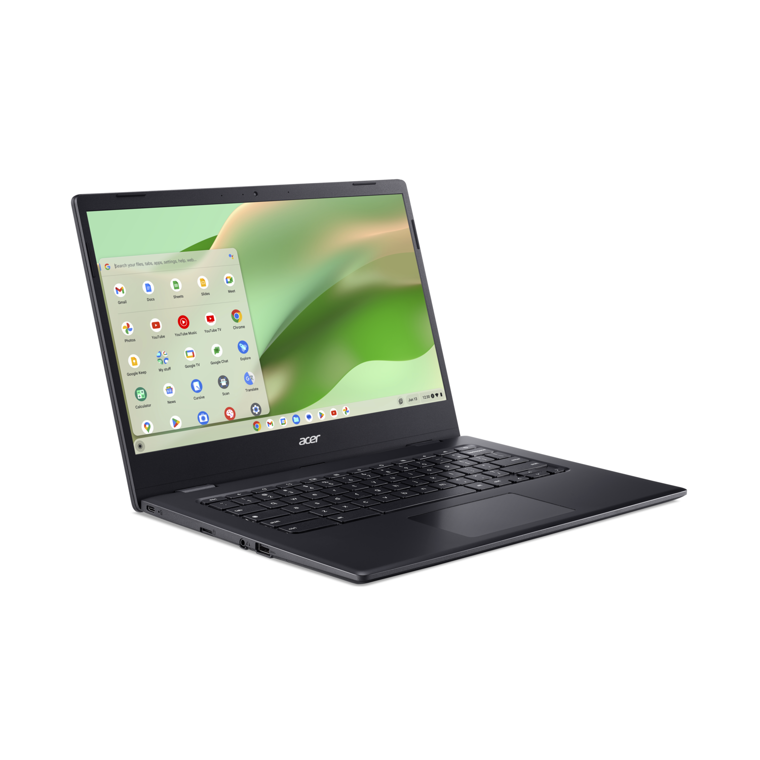 Zwarte laptop met een helder scherm dat een kleurrijke interface met app-iconen weergeeft. Acer-logo zichtbaar.