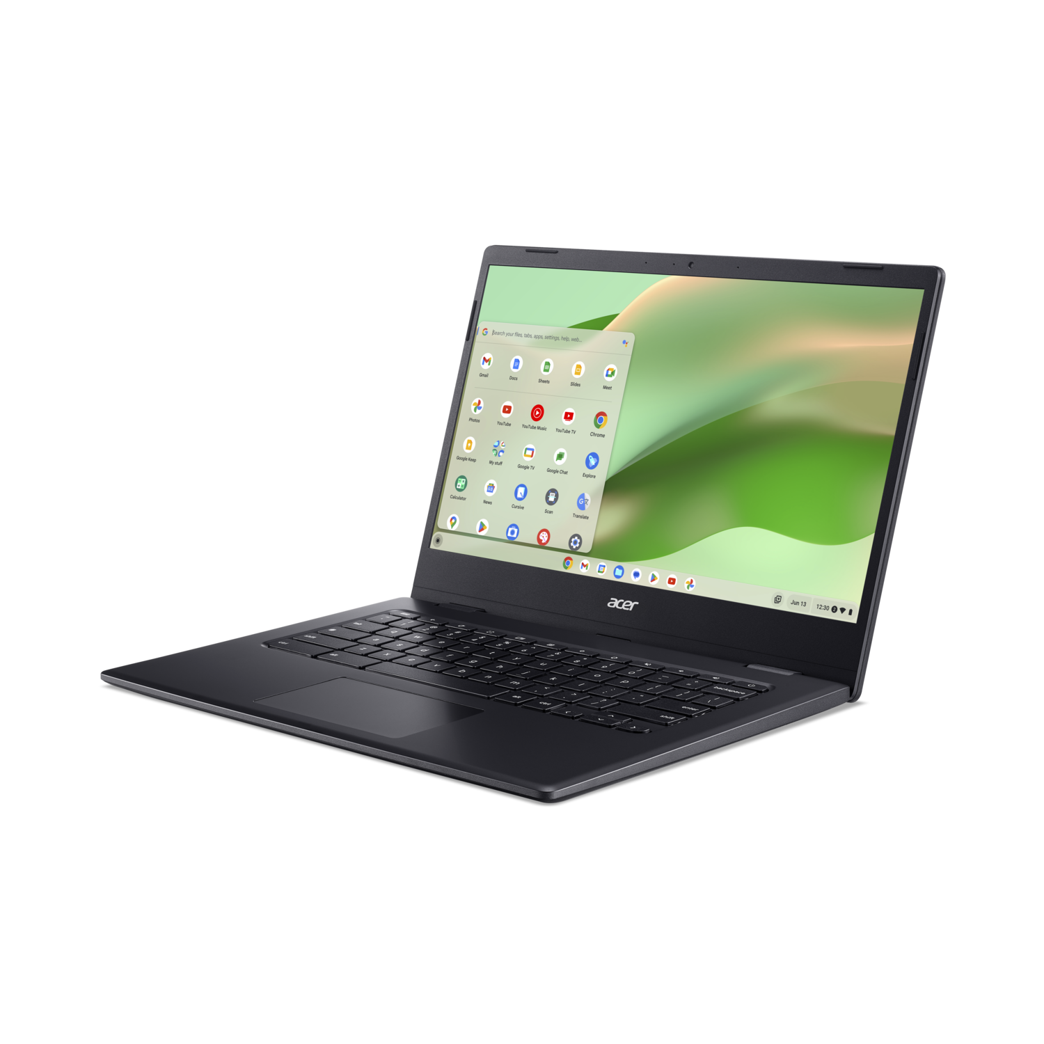 Zwarte laptop, open op bureau, met app-iconen op het scherm.