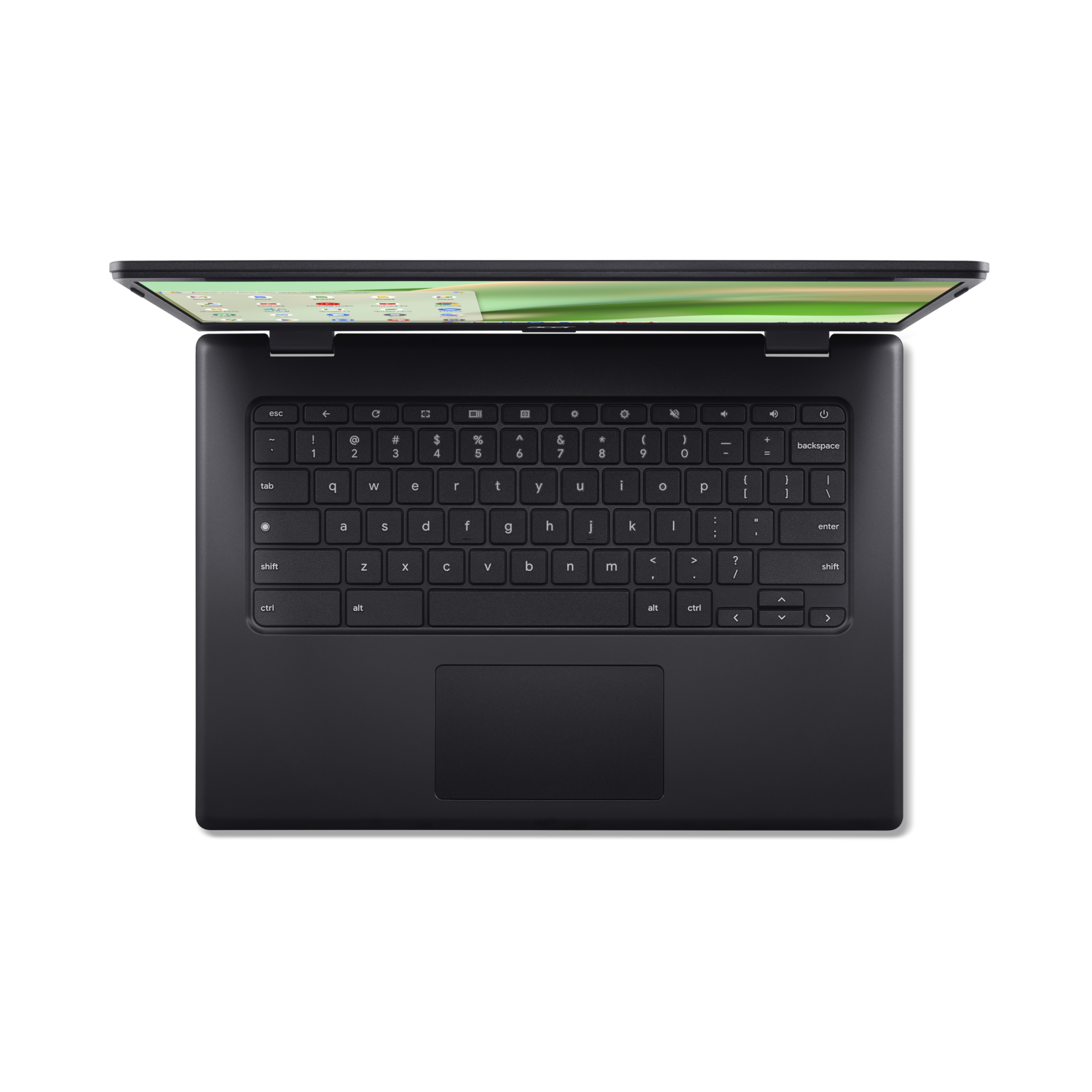 Zwarte laptop met een groen scherm, van bovenaf bekeken, op een zwarte achtergrond.