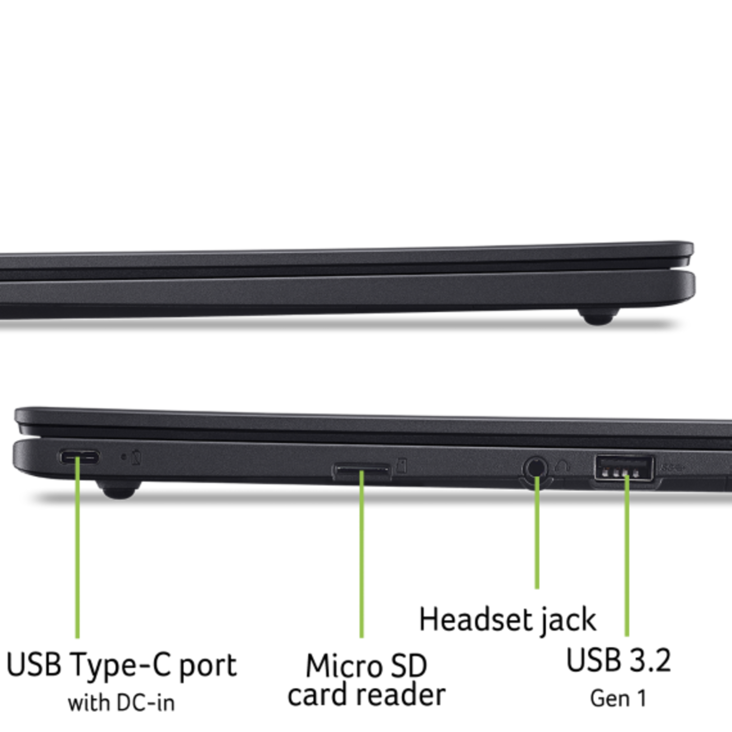 Twee laptops naast elkaar, groene lijnen wijzen naar onderdelen.