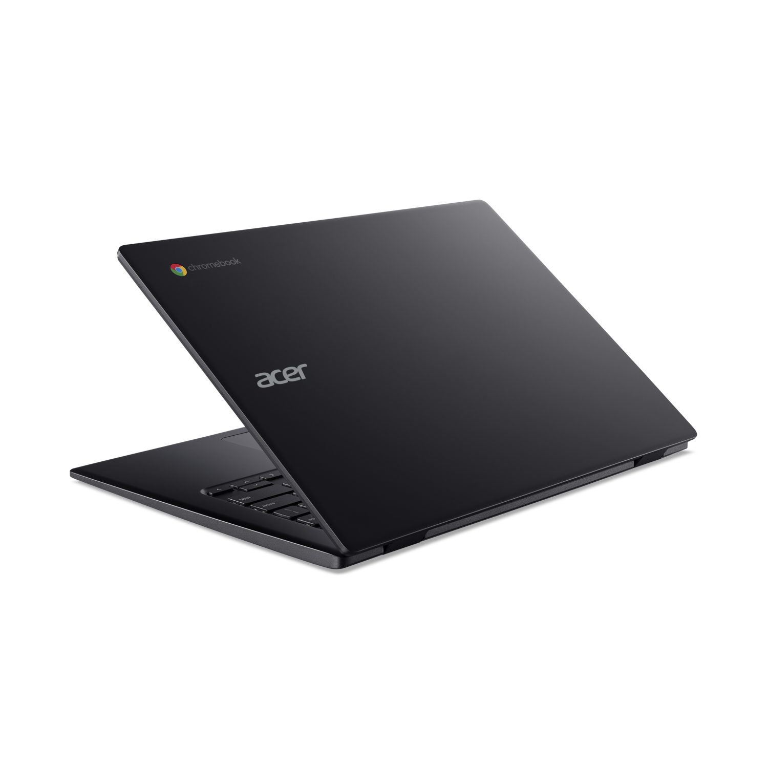 Een zwarte laptop op een zwart oppervlak. Het Chromebook-logo is zichtbaar. Het deksel is iets open.