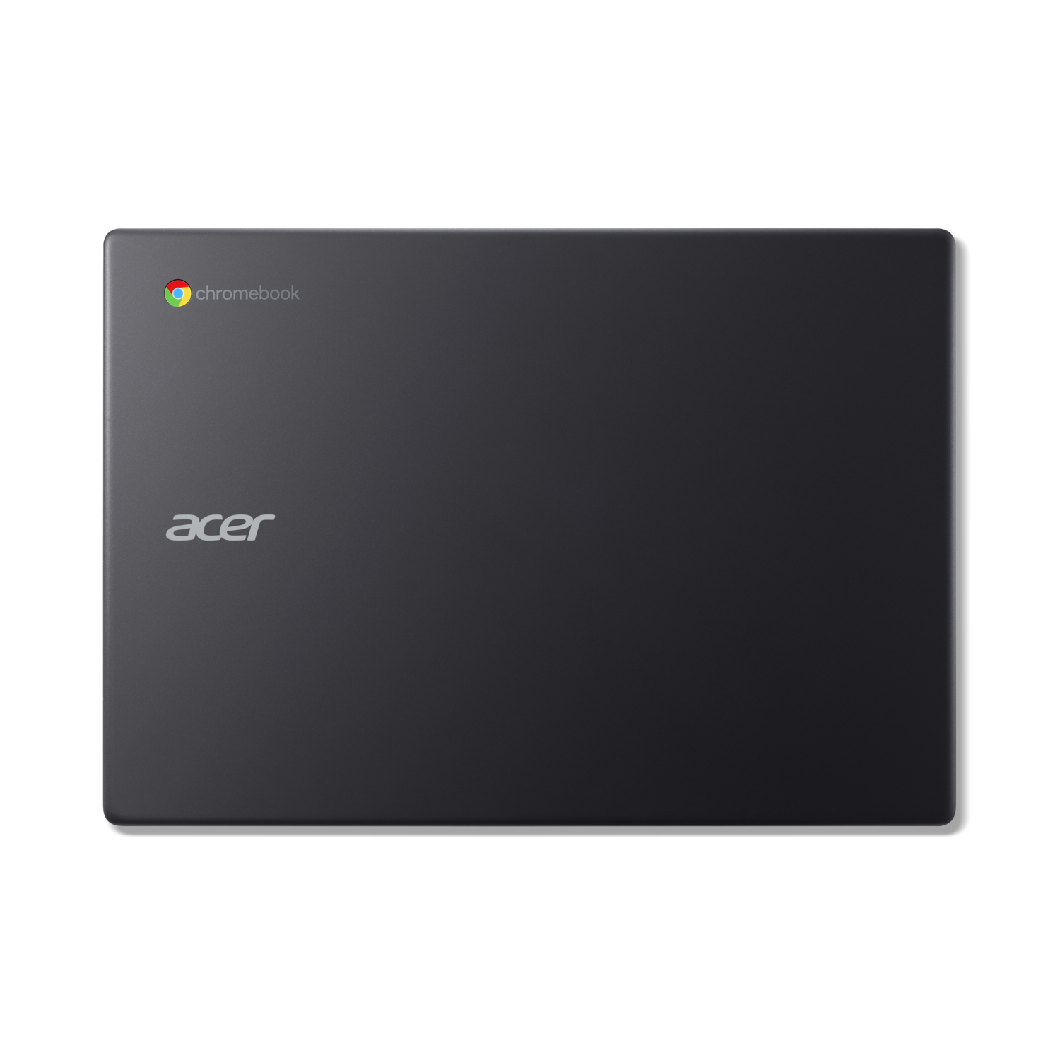 Een zwarte Acer Chromebook-laptop, gesloten, met het Acer-logo en een Chromebook-logo op de bovenklep.