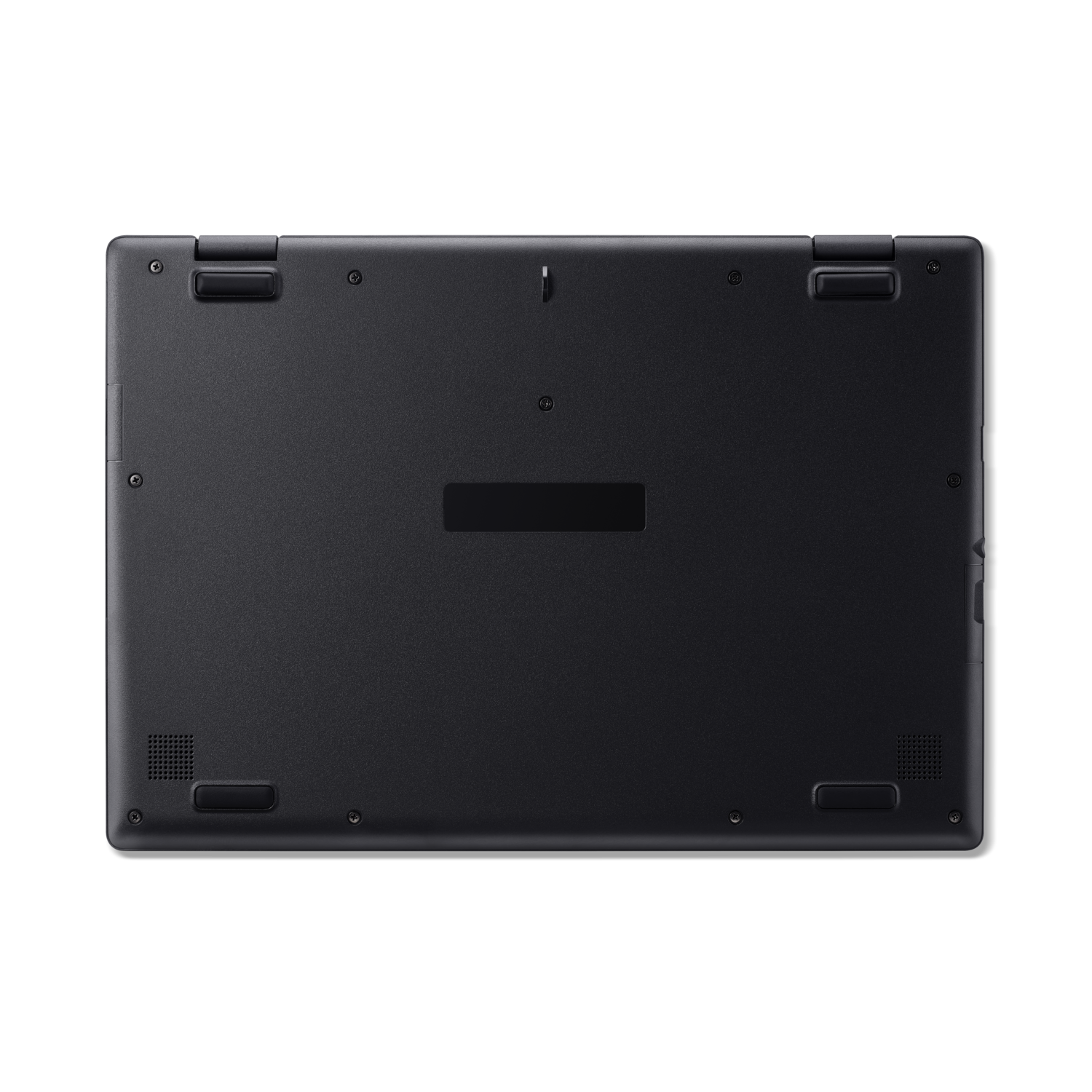 Onderkant laptop. Zwart, met ventilatiegaten en luidsprekers. Donkere achtergrond.
