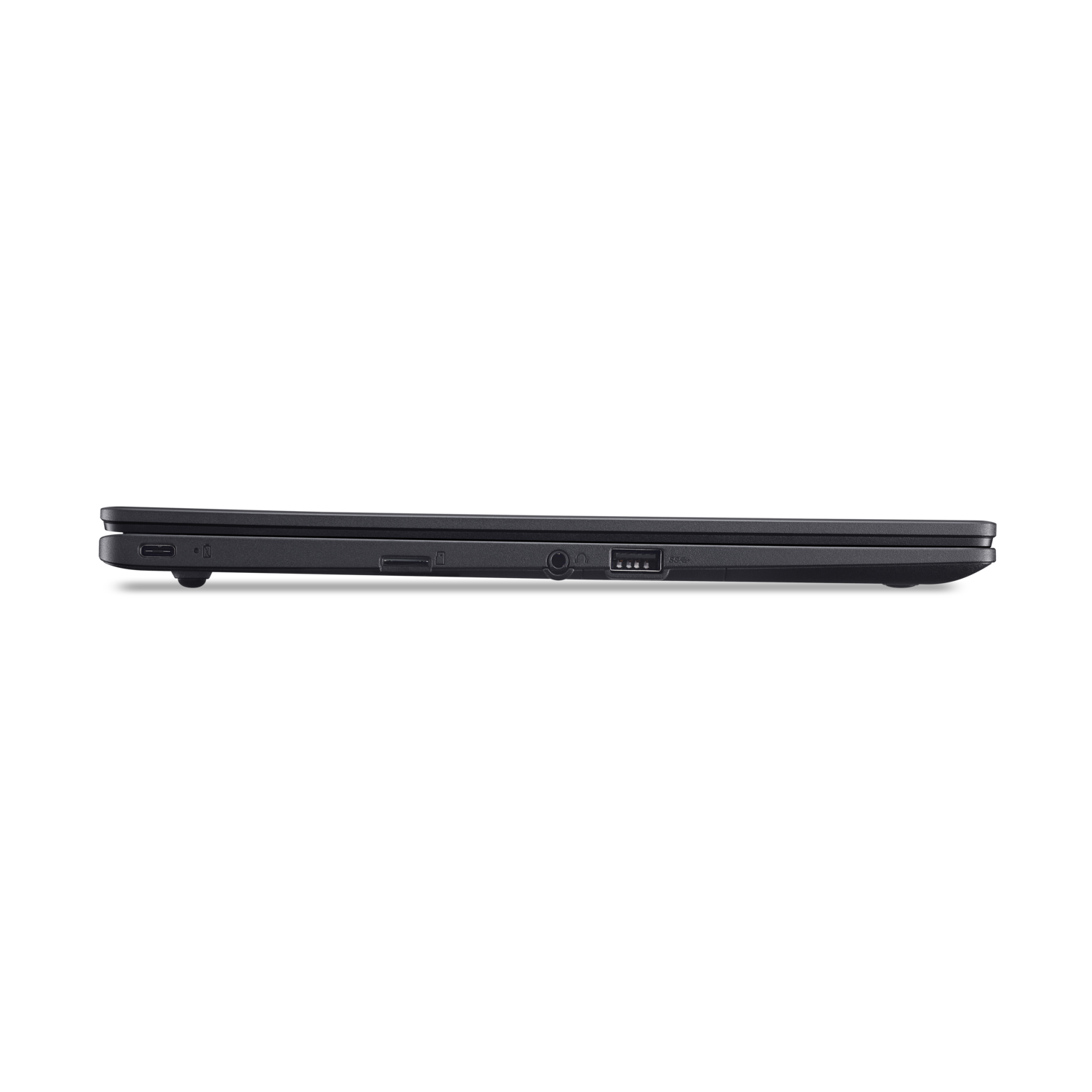 Zwart laptop zijaanzicht, toont poorten op een zwarte achtergrond.