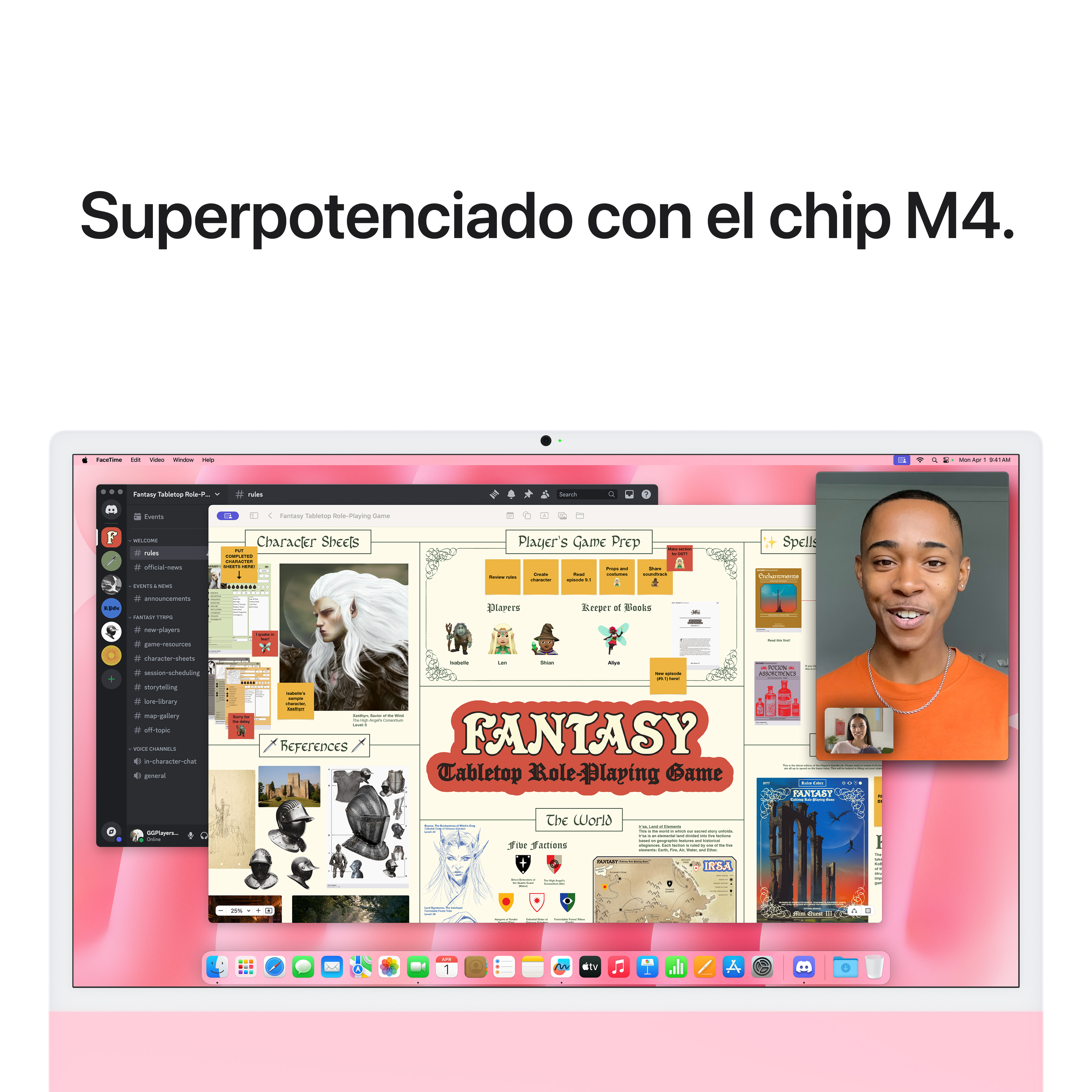 Un portátil abierto sobre un escritorio, una persona visible en la pantalla y una imagen de fantasía visible.