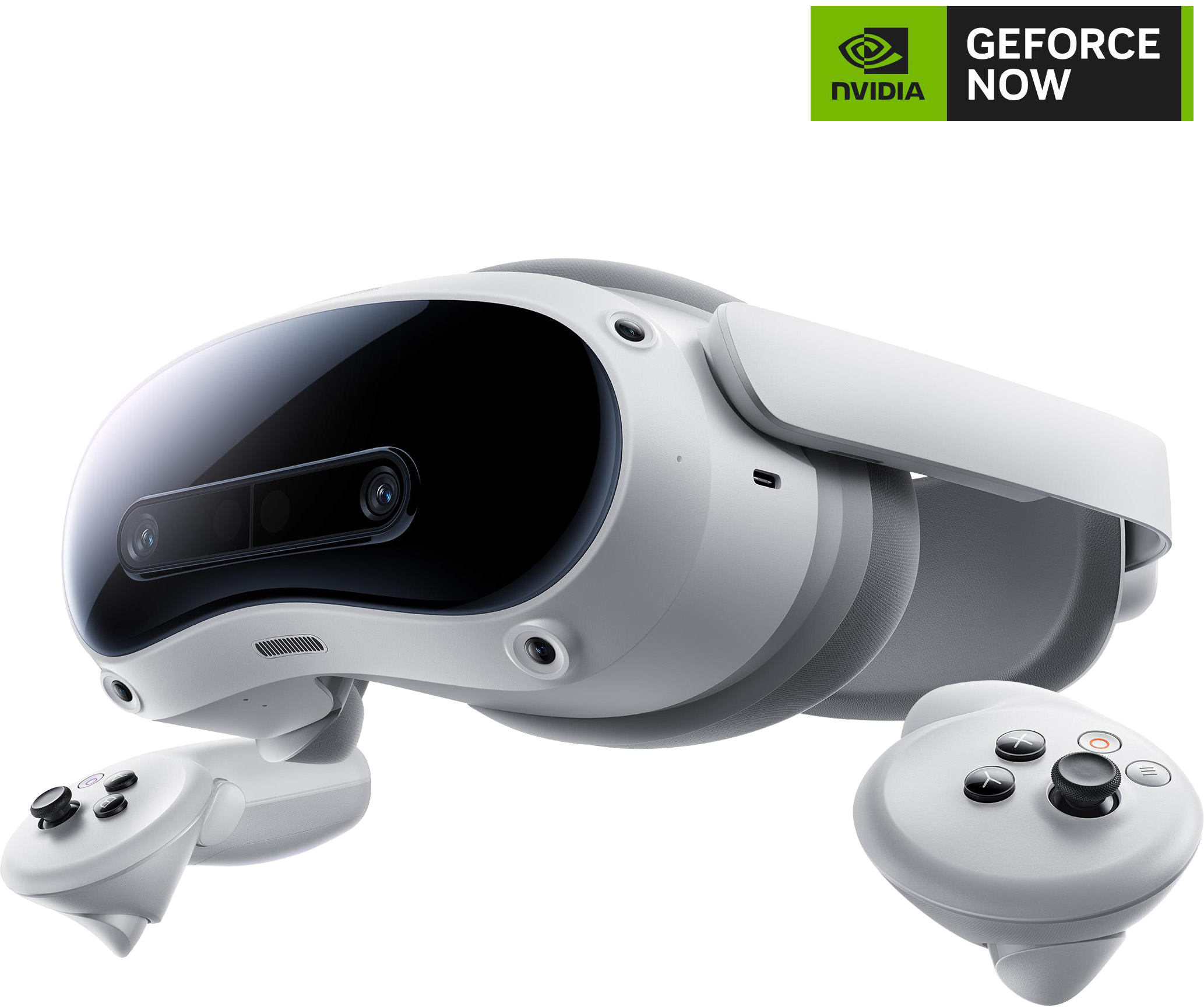 Weißes VR-Headset mit Controllern. NVIDIA GeForce NOW Logo vorhanden. Schwarzer Hintergrund.