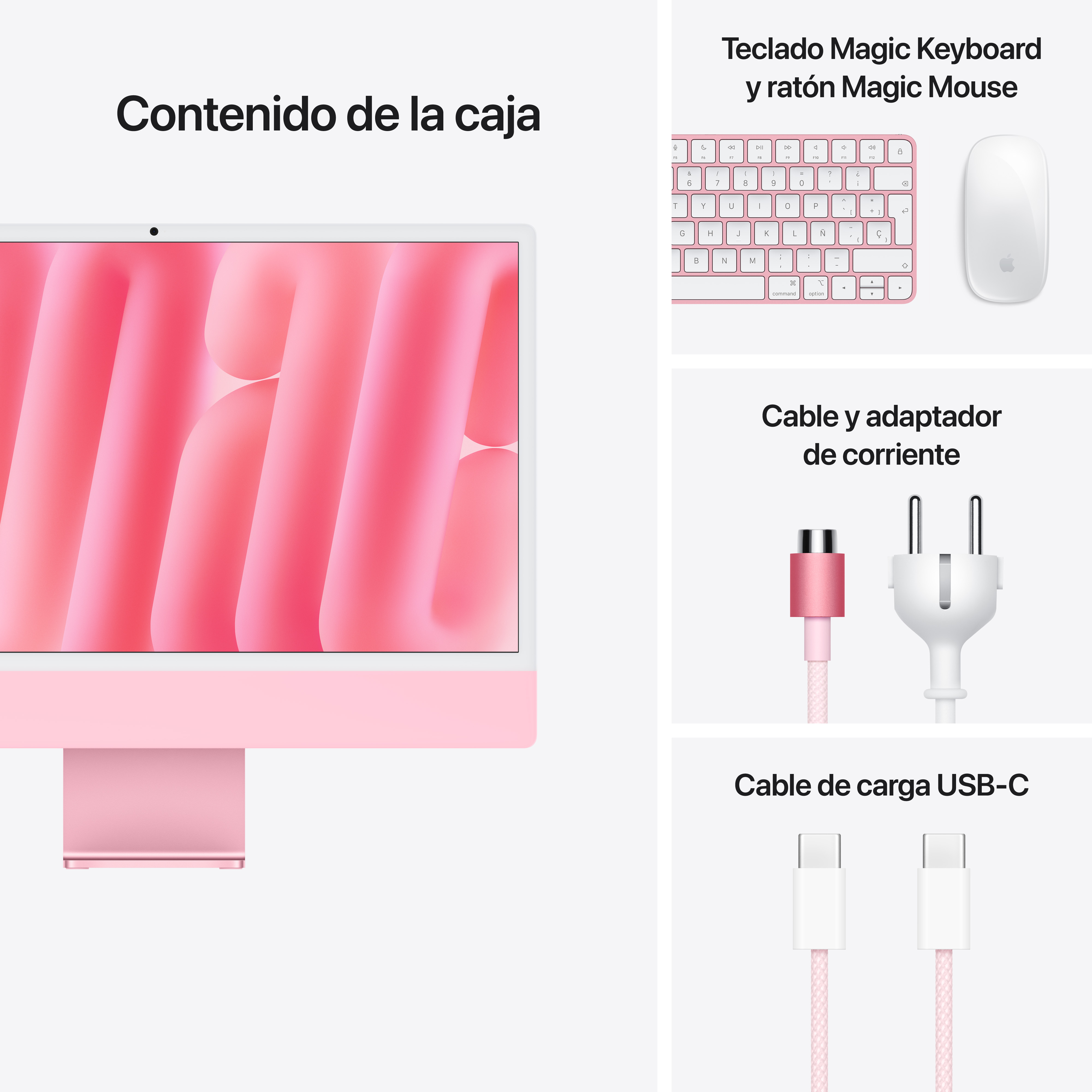 iMac rosa con accesorios. Se muestran teclado, ratón y cables de carga.