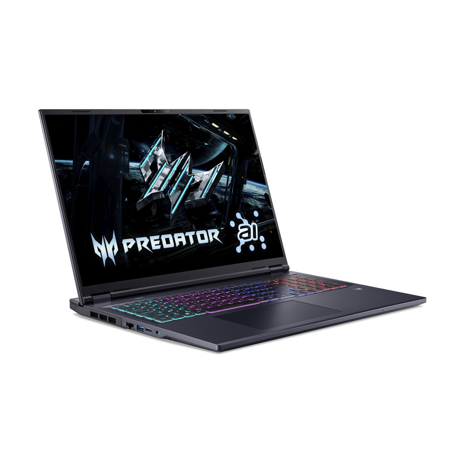 Een donkere laptop met kleurrijke toetsen en een Predator-logo op het scherm.
