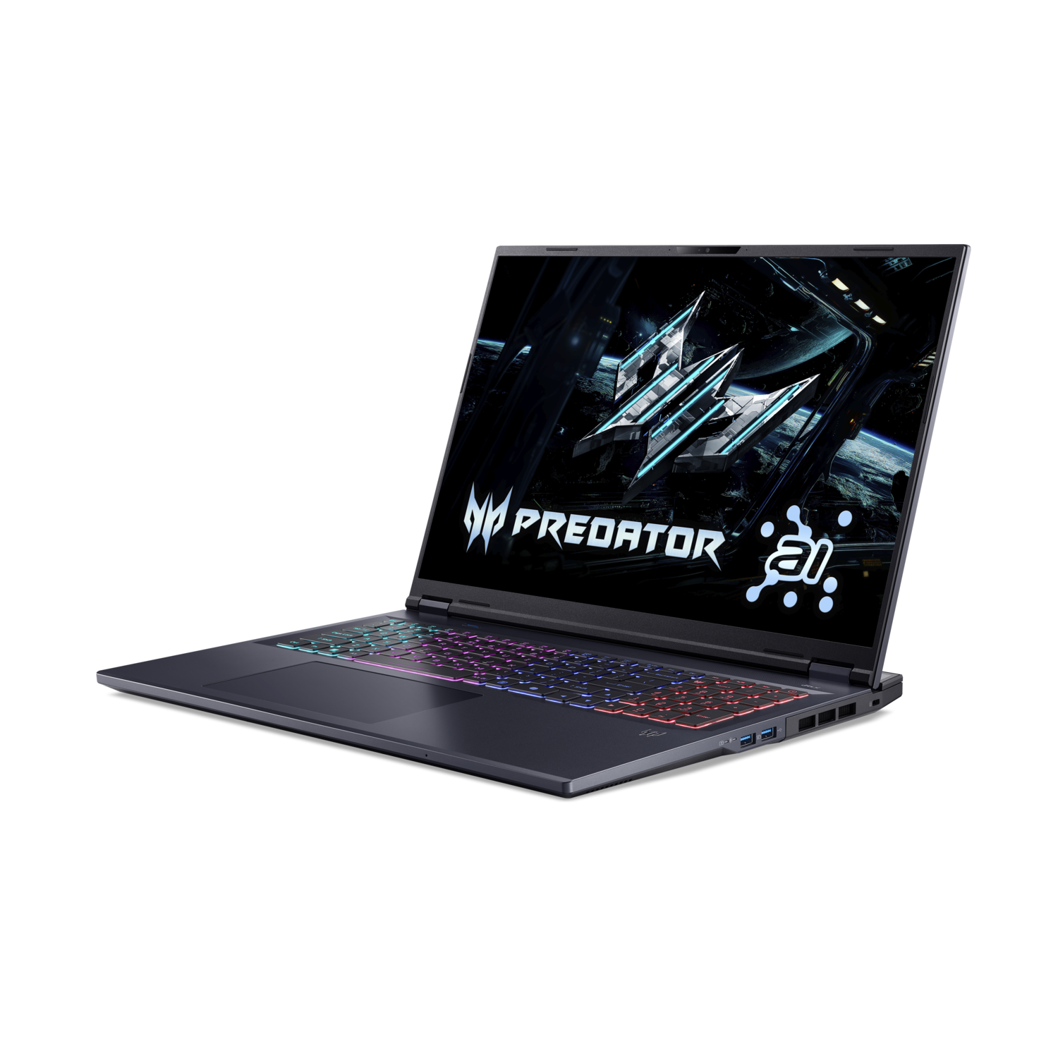 Een zwarte laptop met een kleurrijk toetsenbord en een scherm met een futuristische afbeelding.