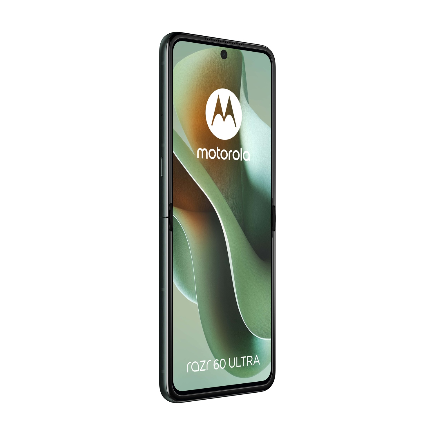 Un telefono Motorola Razr 60 Ultra nero, aperto, che mostra lo schermo.