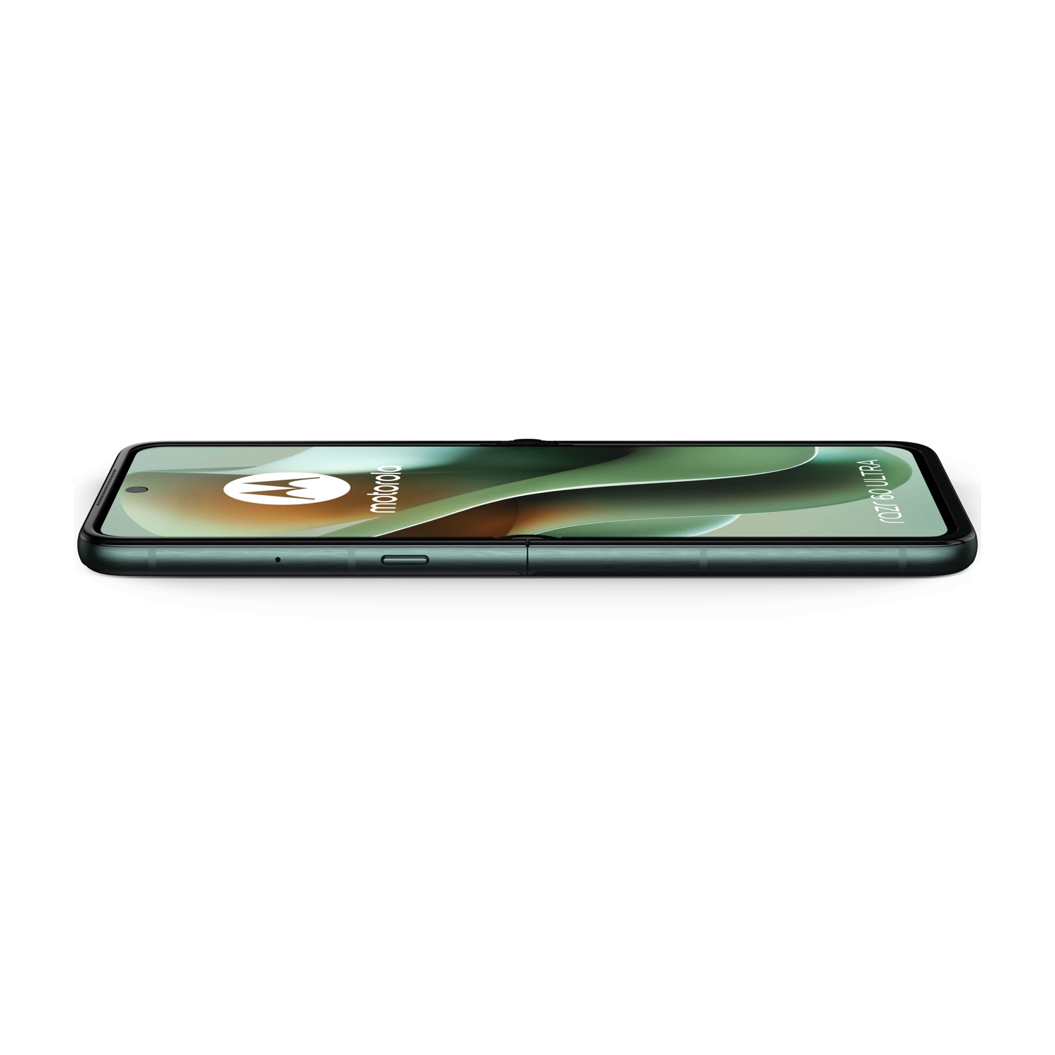 Vista laterale di un telefono Motorola verde su una superficie bianca.