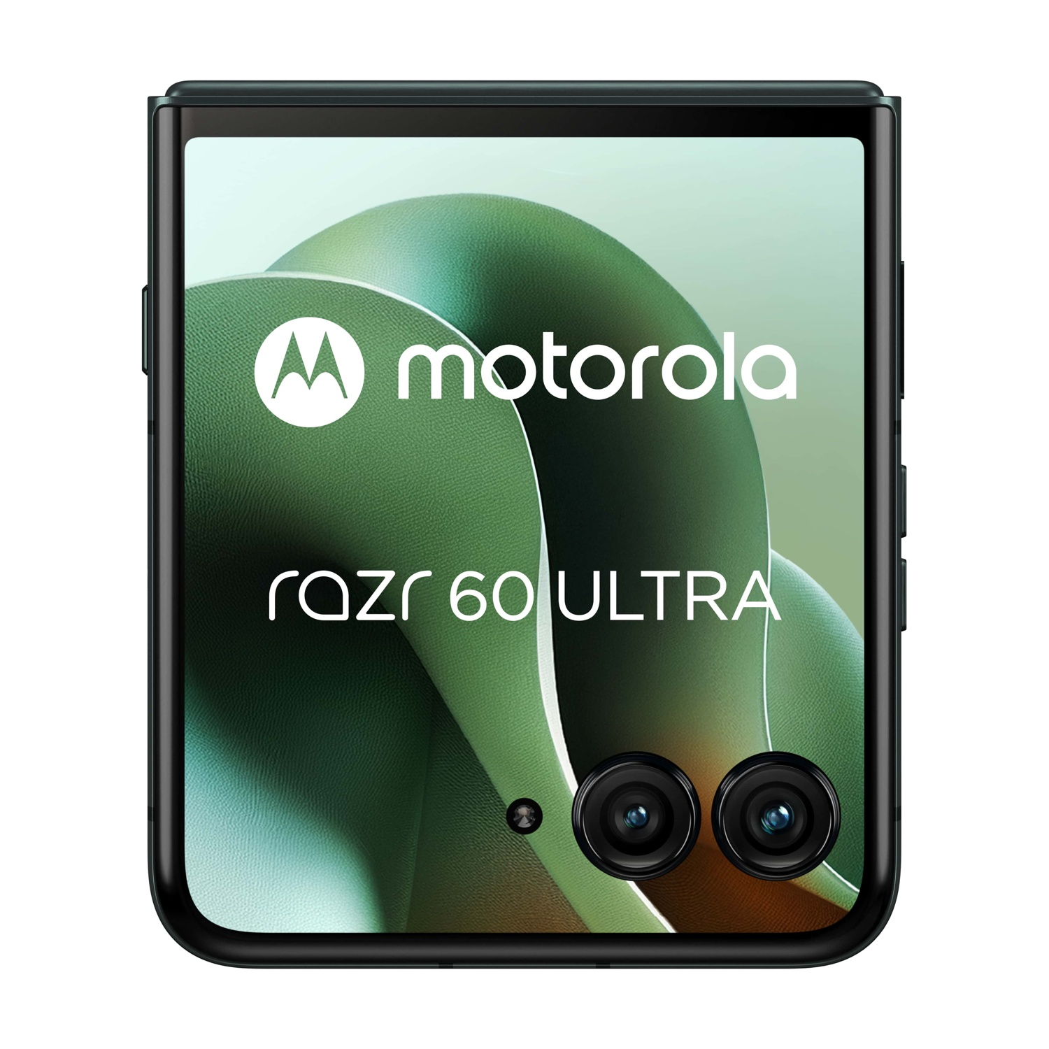Telefono Motorola Razr 60 Ultra, chiuso. Vista frontale con due fotocamere. Schema colori verde e nero.