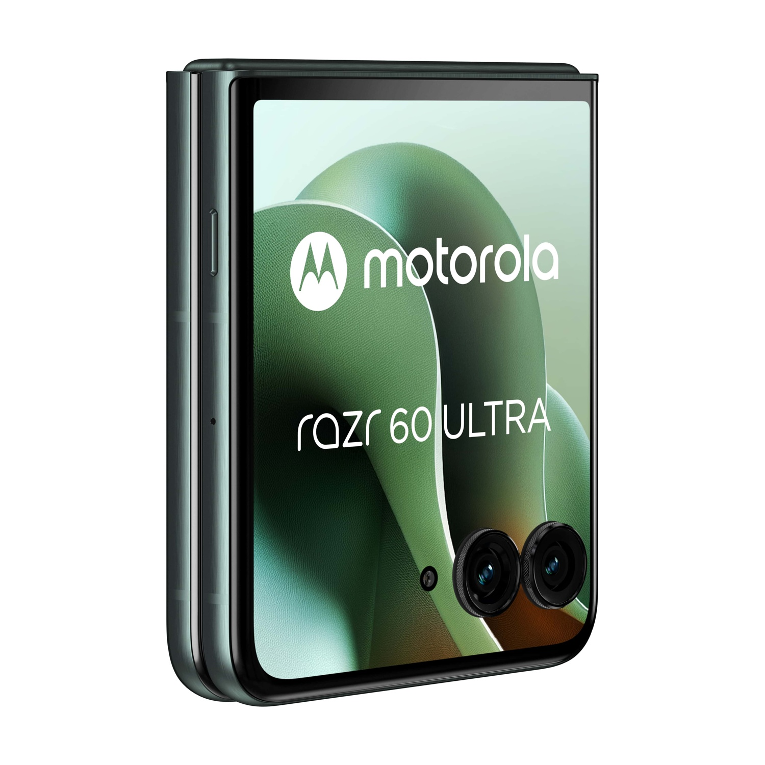 Telefono Motorola Razr 60 Ultra piegato, aperto, di colore verde.