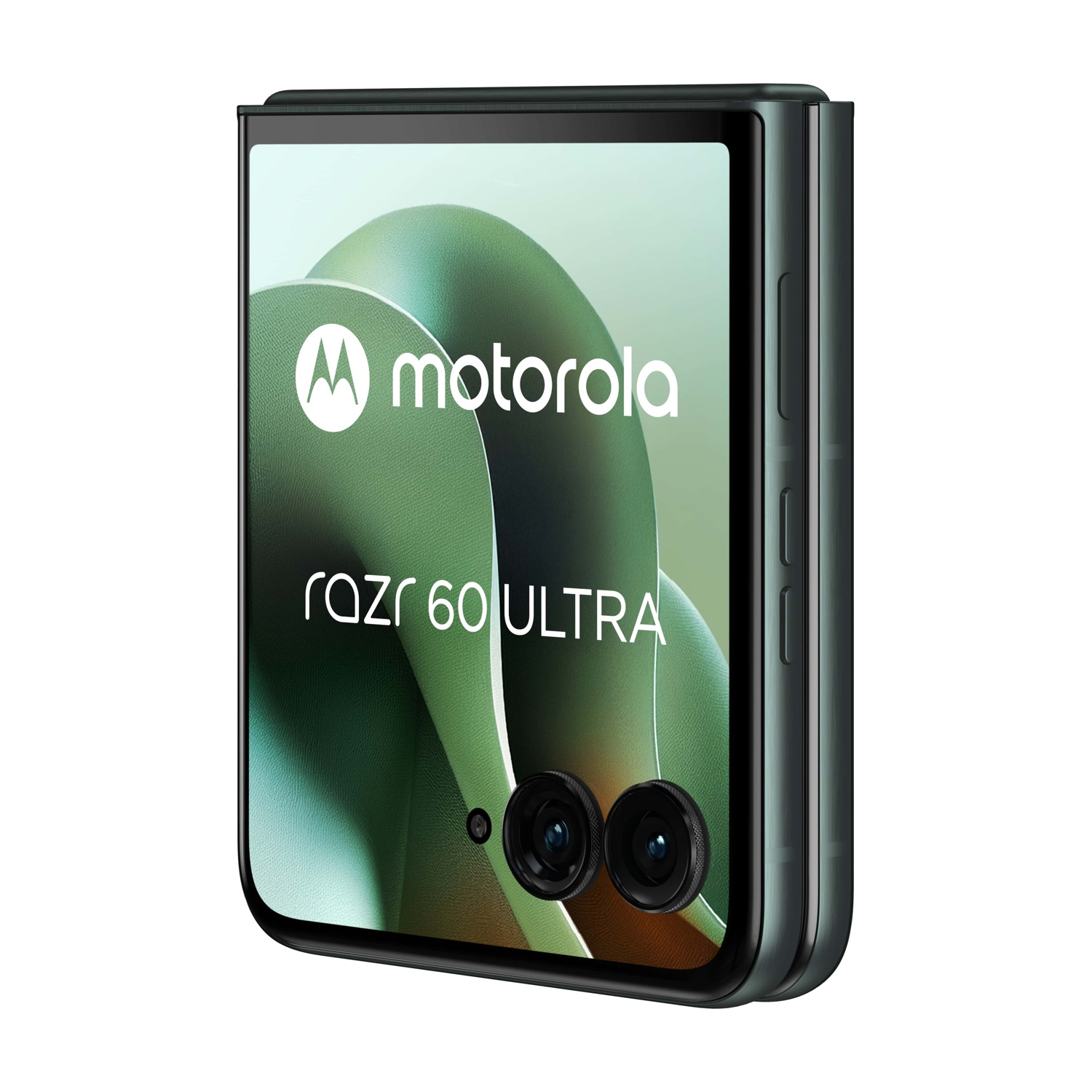 Telefono pieghevole verde e nero con doppia fotocamera su sfondo bianco.