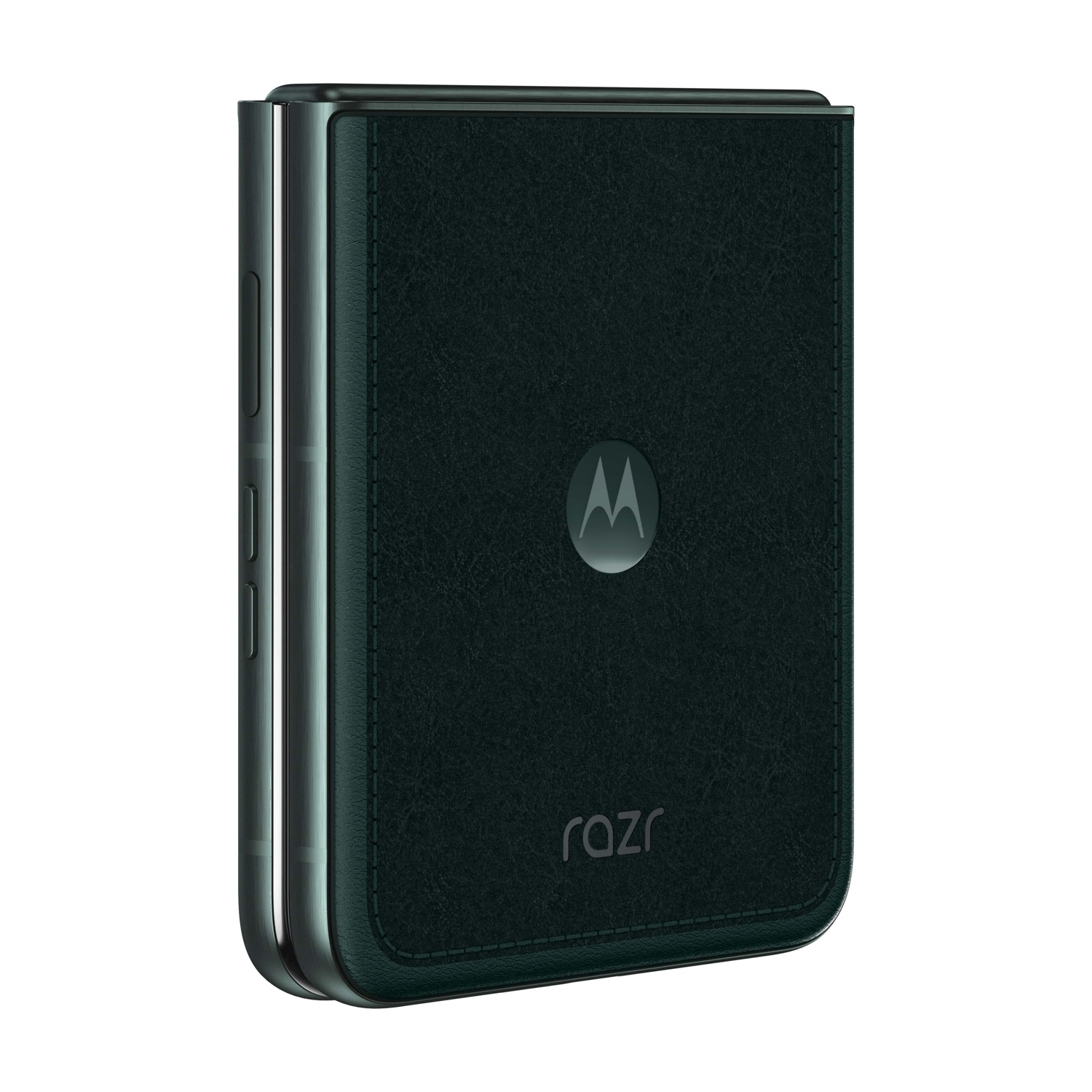 Un telefono Motorola Razr chiuso, verde scuro, con il logo Razr, su sfondo bianco.