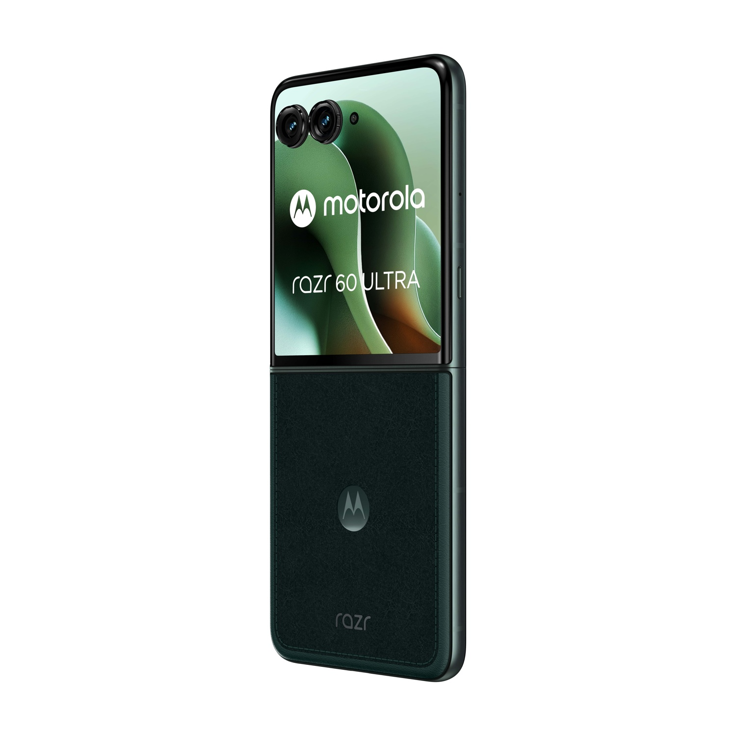 Motorola Razr 60 Ultra, piegato, mostra il display esterno e il retro con il logo Motorola.