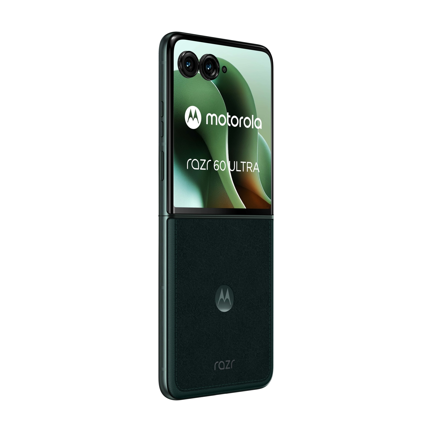 Telefono pieghevole, retro verde, doppia fotocamera, logo Motorola e il testo 'razr 60 ultra'.