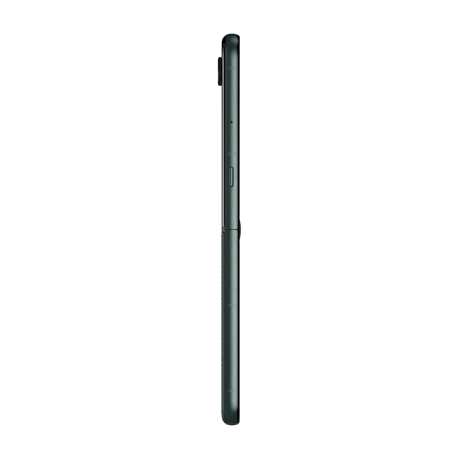 Uno smartphone verde chiuso, vista laterale.