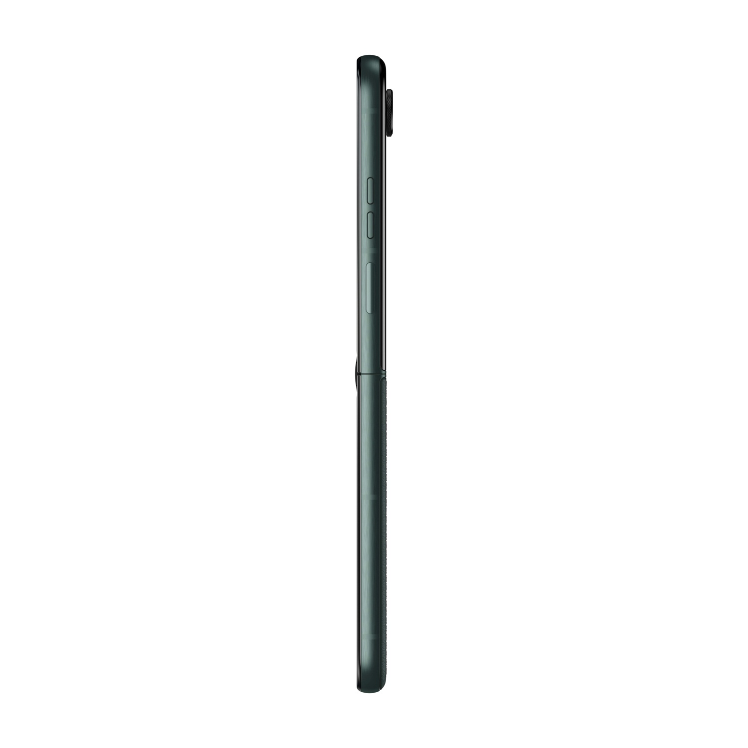 Uno smartphone verde, profilo laterale. È piegato, mostrando un design sottile e un aspetto pulito e moderno.