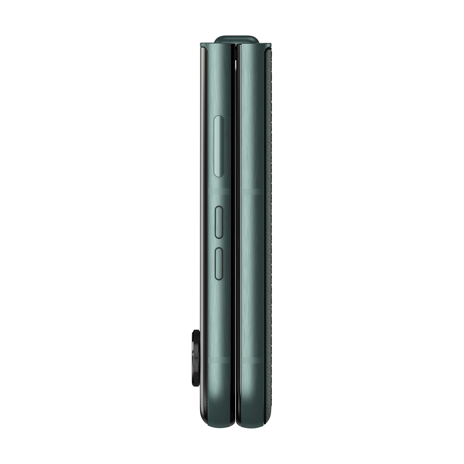 Uno smartphone verde piegato, vista laterale, su sfondo bianco. Il telefono è chiuso.