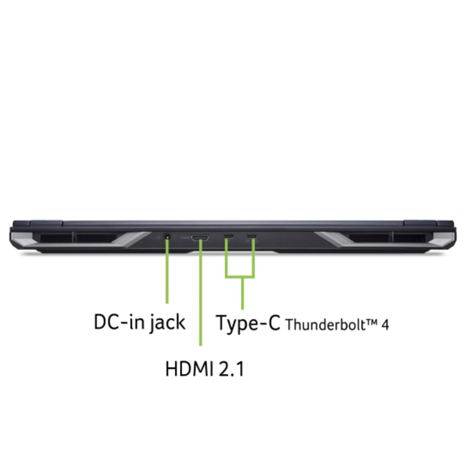 De zijaanzicht van een laptop met verschillende poorten: USB, HDMI en andere. Groene lijnen markeren ze.
