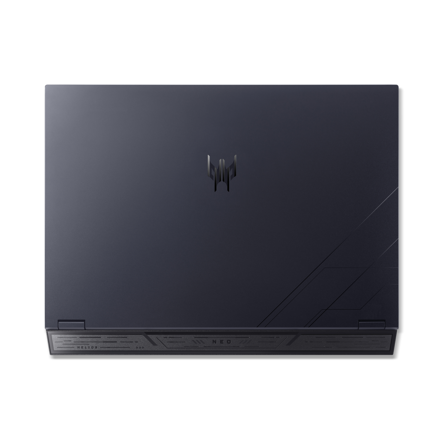 Laptop, donkerblauw, deksel gesloten, met logo en design op de achterkant.