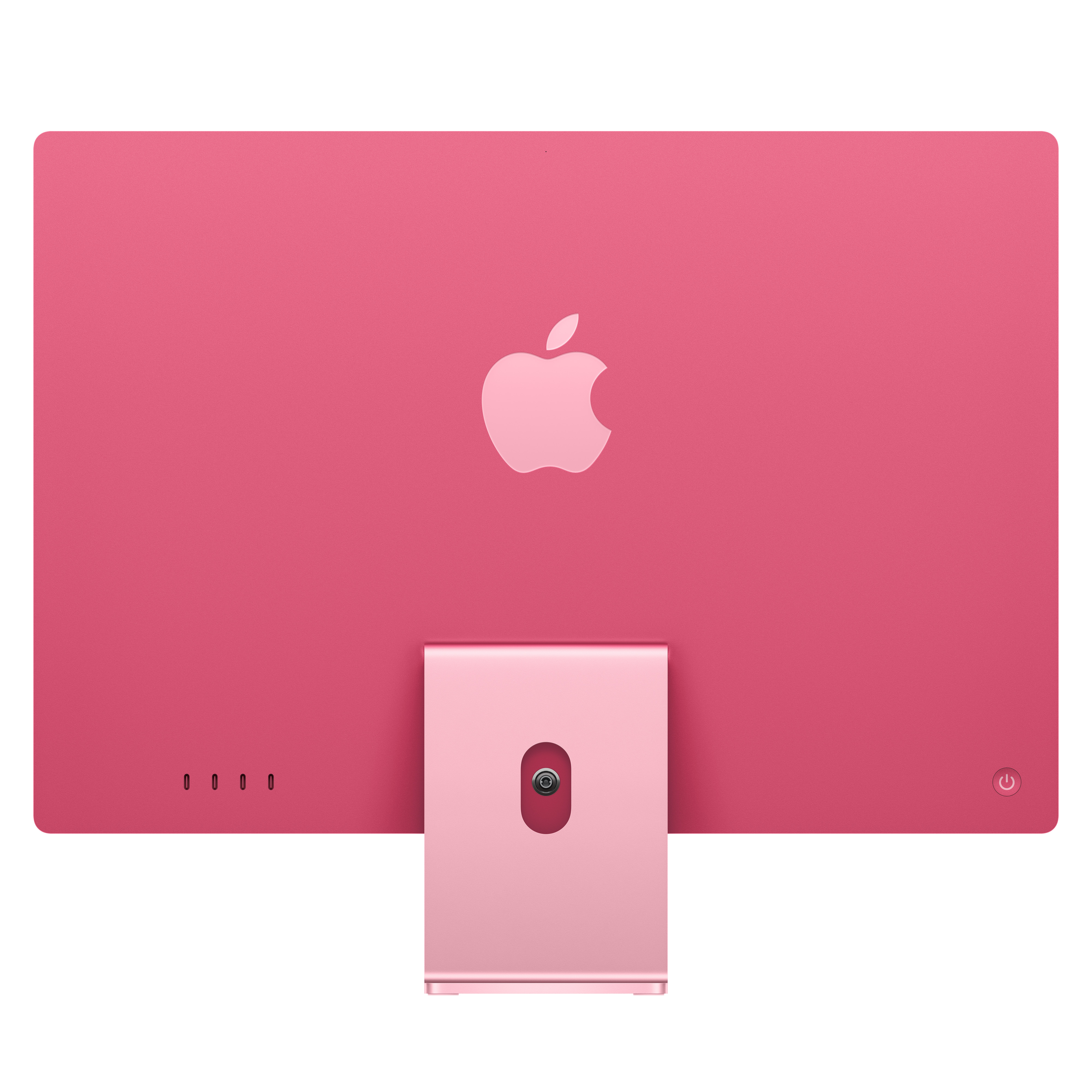 Vista trasera del iMac rosa con logo Apple, soporte y puertos. Diseño limpio y moderno.