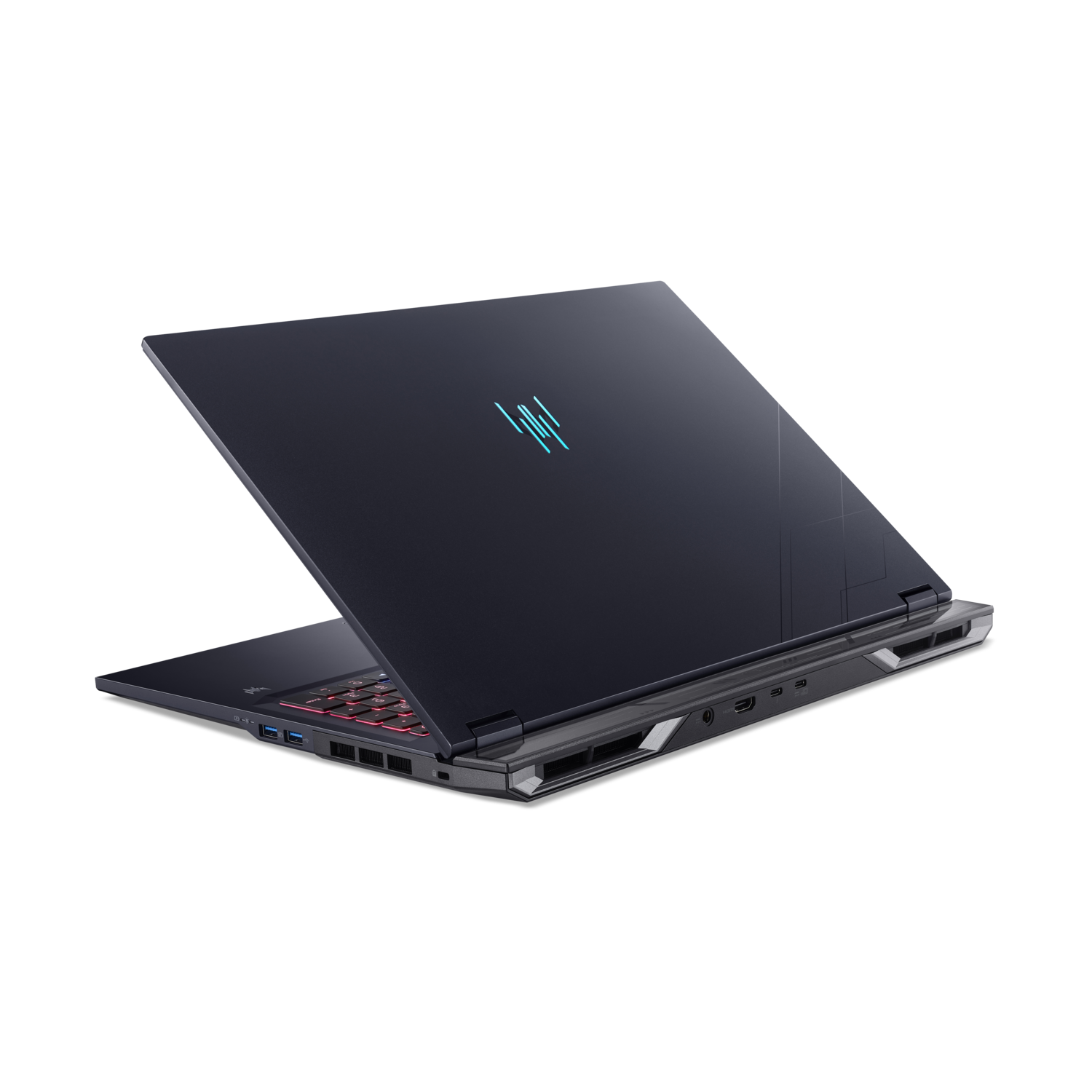 Een laptop met een donkerblauwe behuizing. Het scherm is open en het toetsenbord is rood. Schuine weergave.