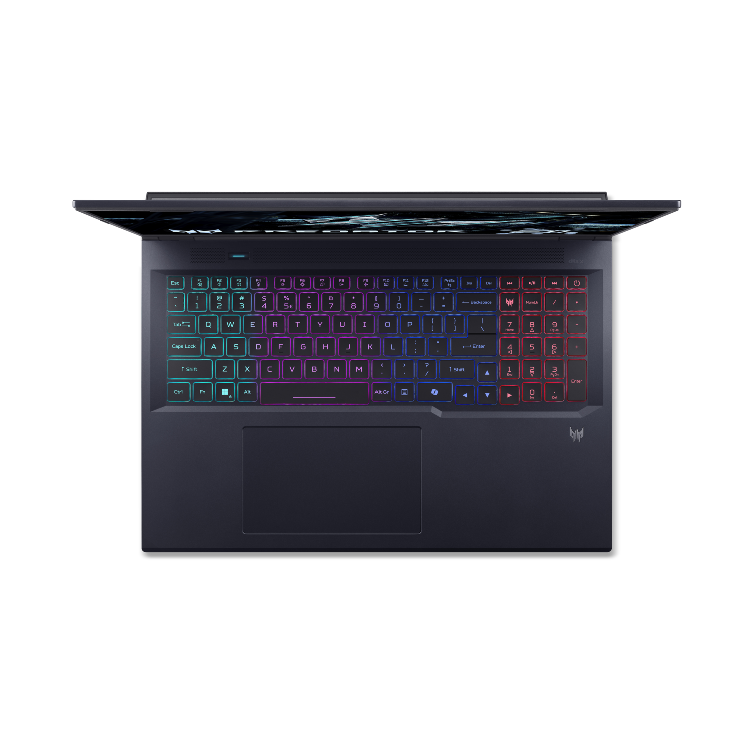 Een oplichtend laptoptoetsenbord. Donkerblauwe behuizing, kleurrijke toetsen.