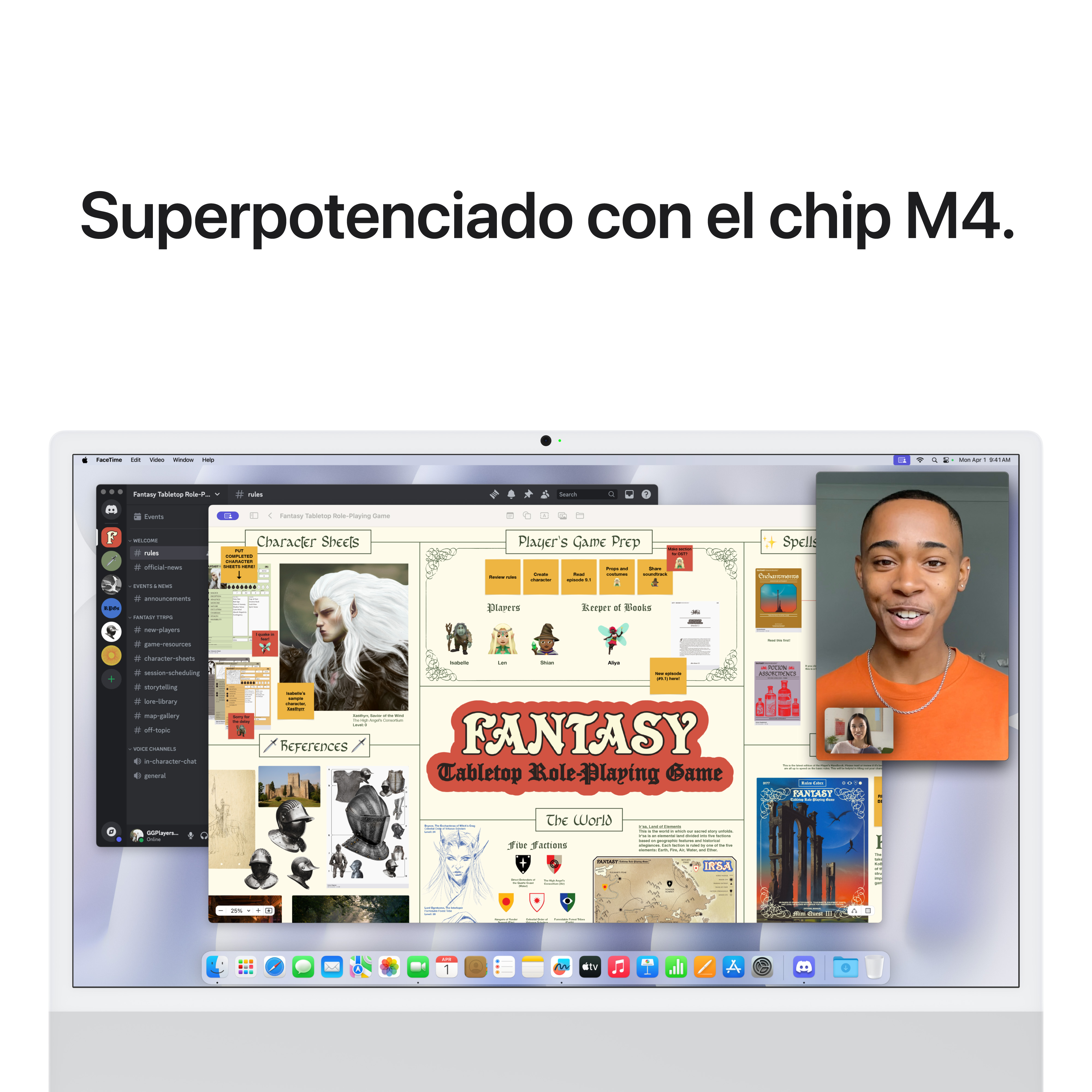 Pantalla de computadora Mac mostrando una interfaz de juego de fantasía, con un hombre en videollamada.