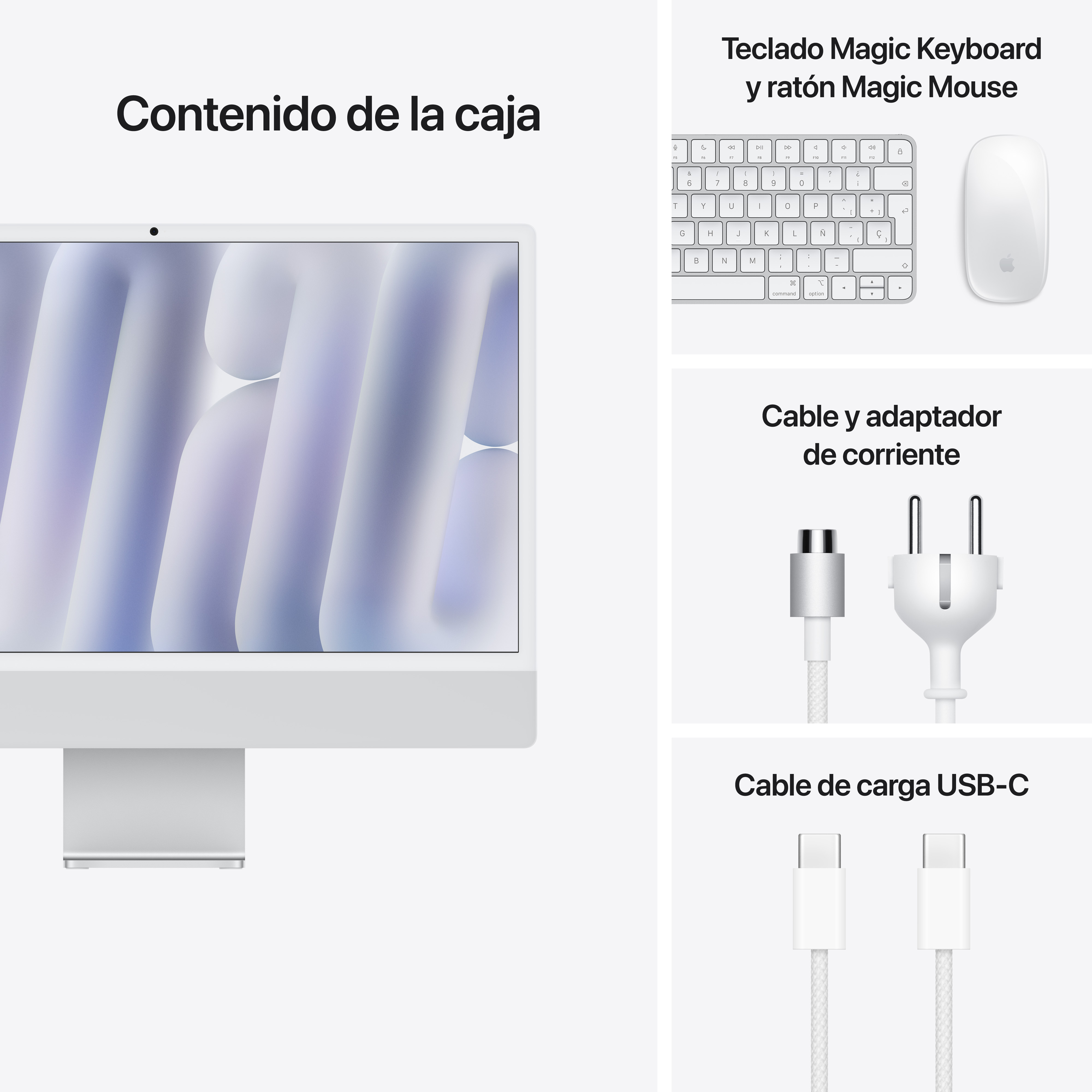 Configuración iMac blanca: pantalla, soporte, Magic Keyboard, Magic Mouse y cargador.