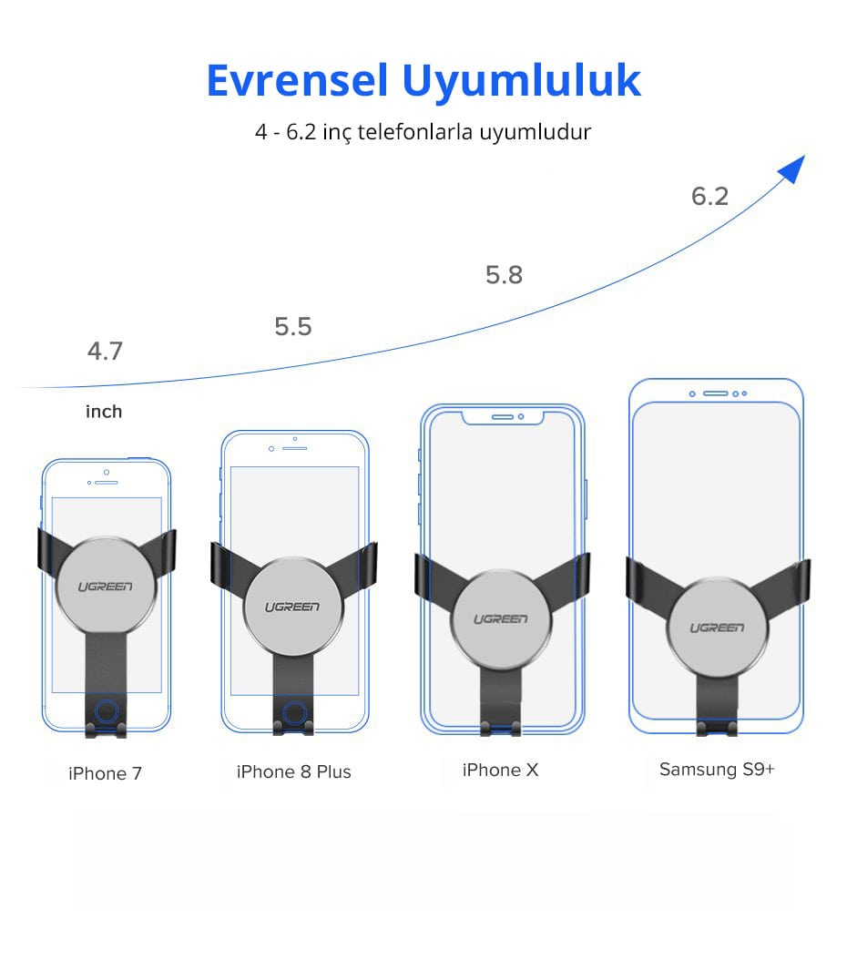 Boyut uyumluluğunu gösteren tutucudaki telefon.