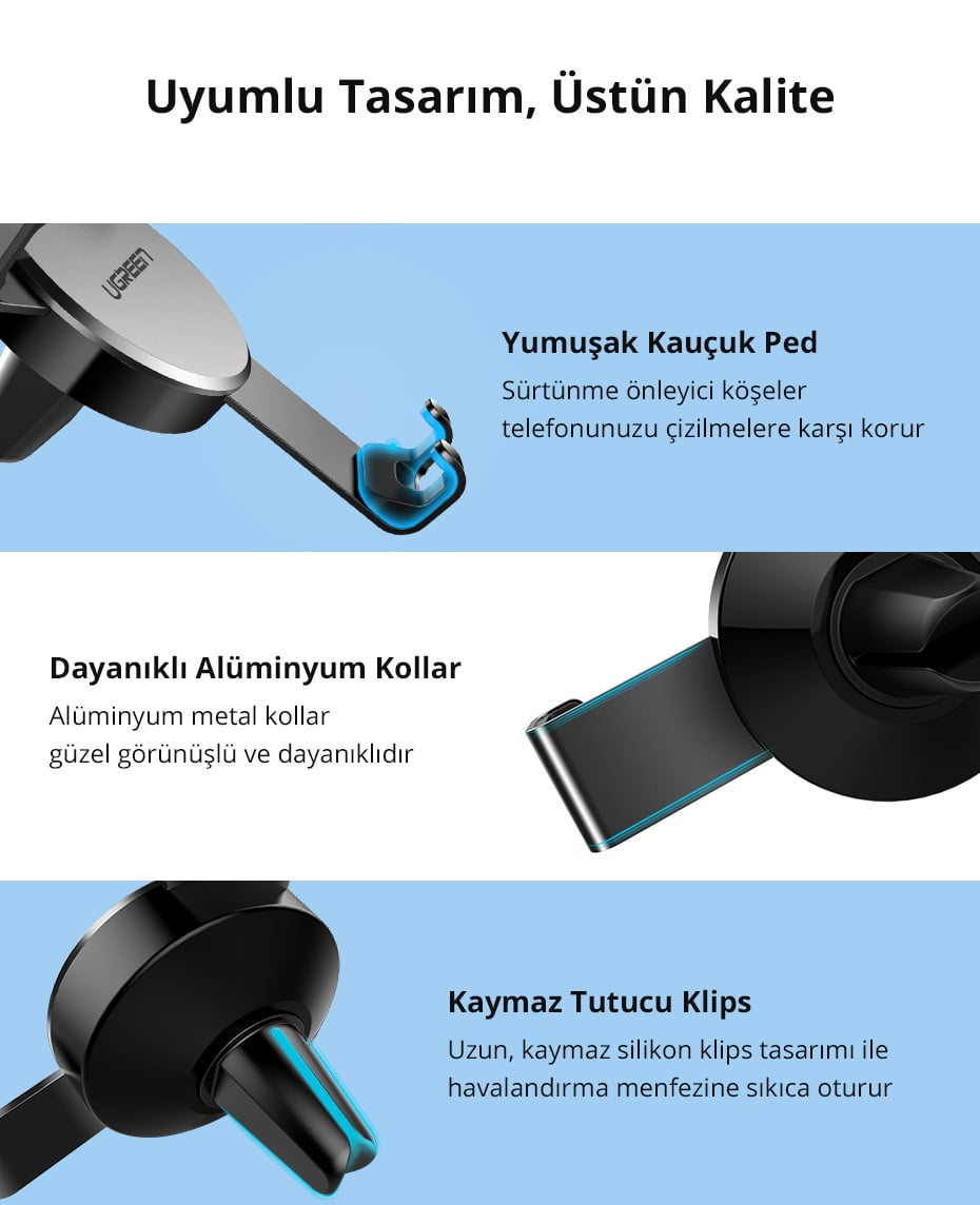 Yumuşak kauçuk ped ve alüminyum kollara sahip bir araç telefon tutucusunun yakın çekim görüntüsü.