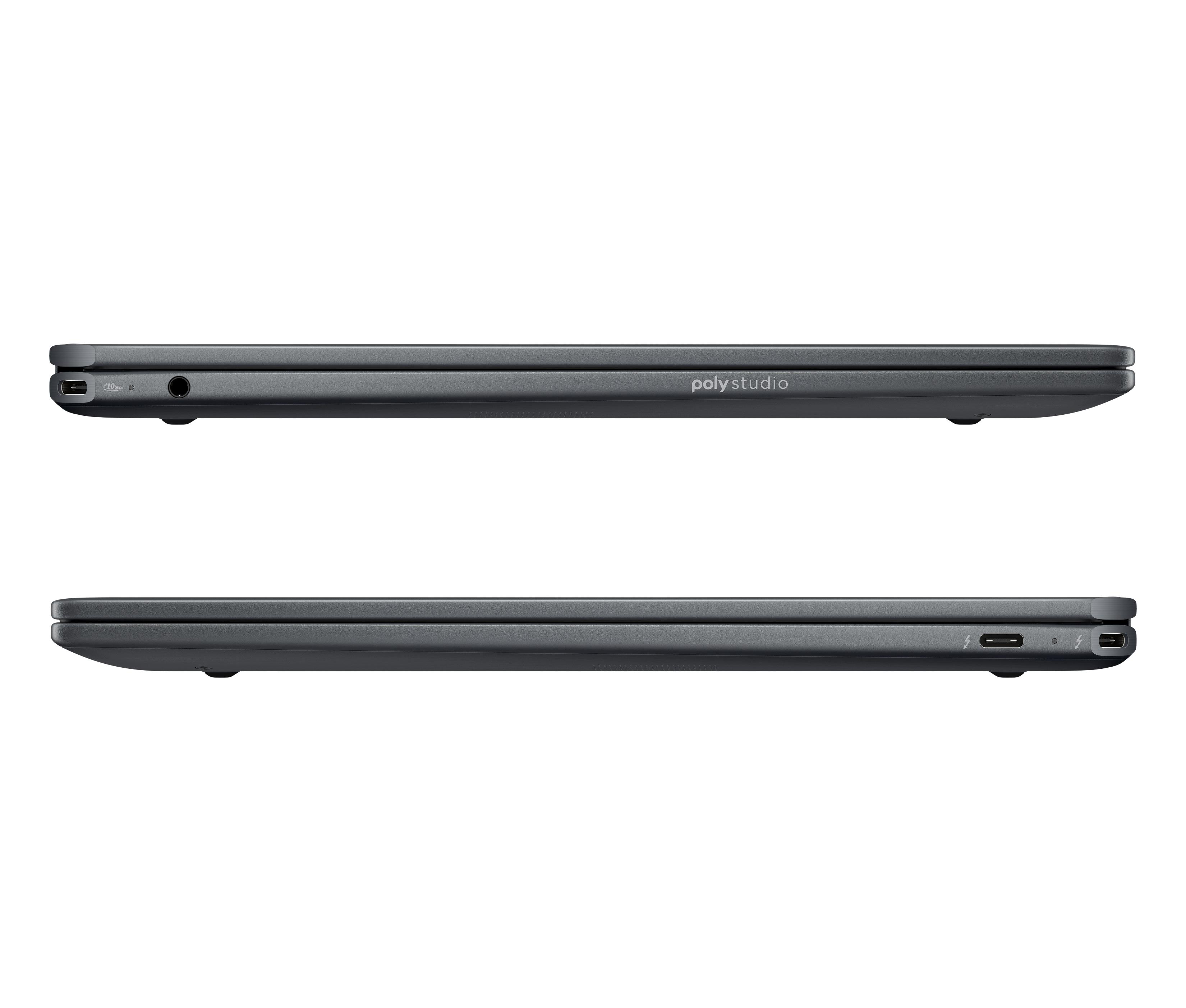 Zwei Seitenansichten eines schwarzen Laptops mit Anschlüssen und Beschriftungen.