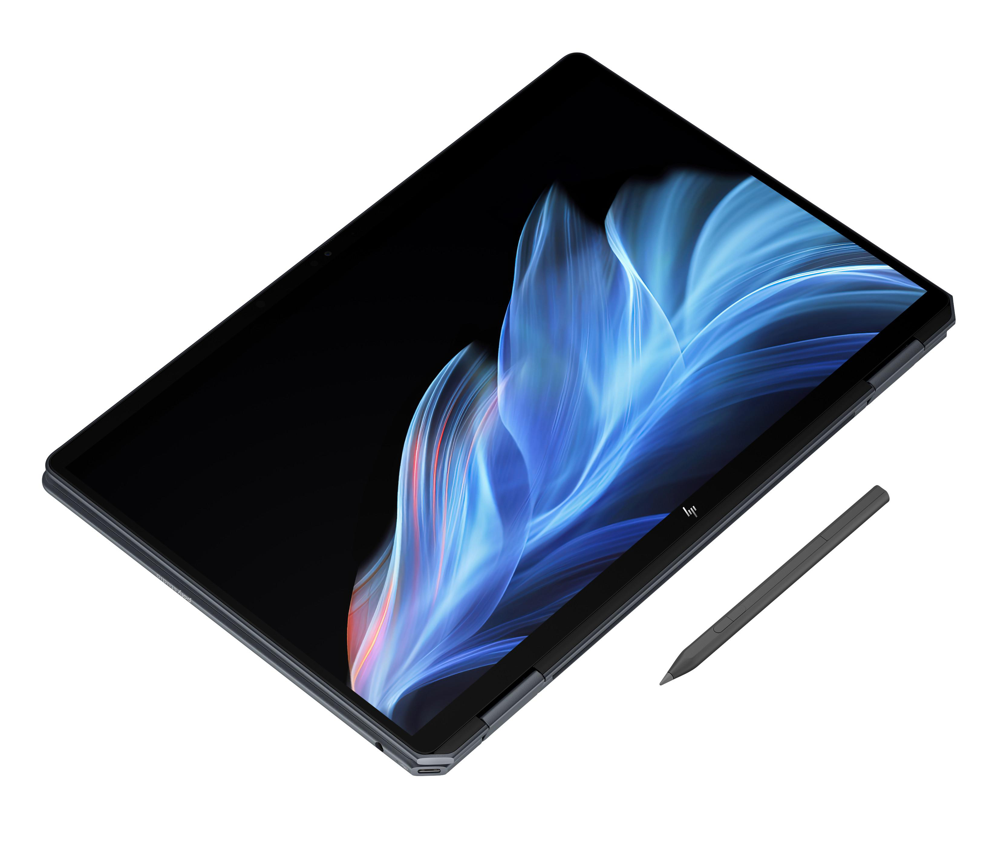 Ein Laptop mit Stift. Der Bildschirm zeigt blaue und weiße abstrakte Kunst.