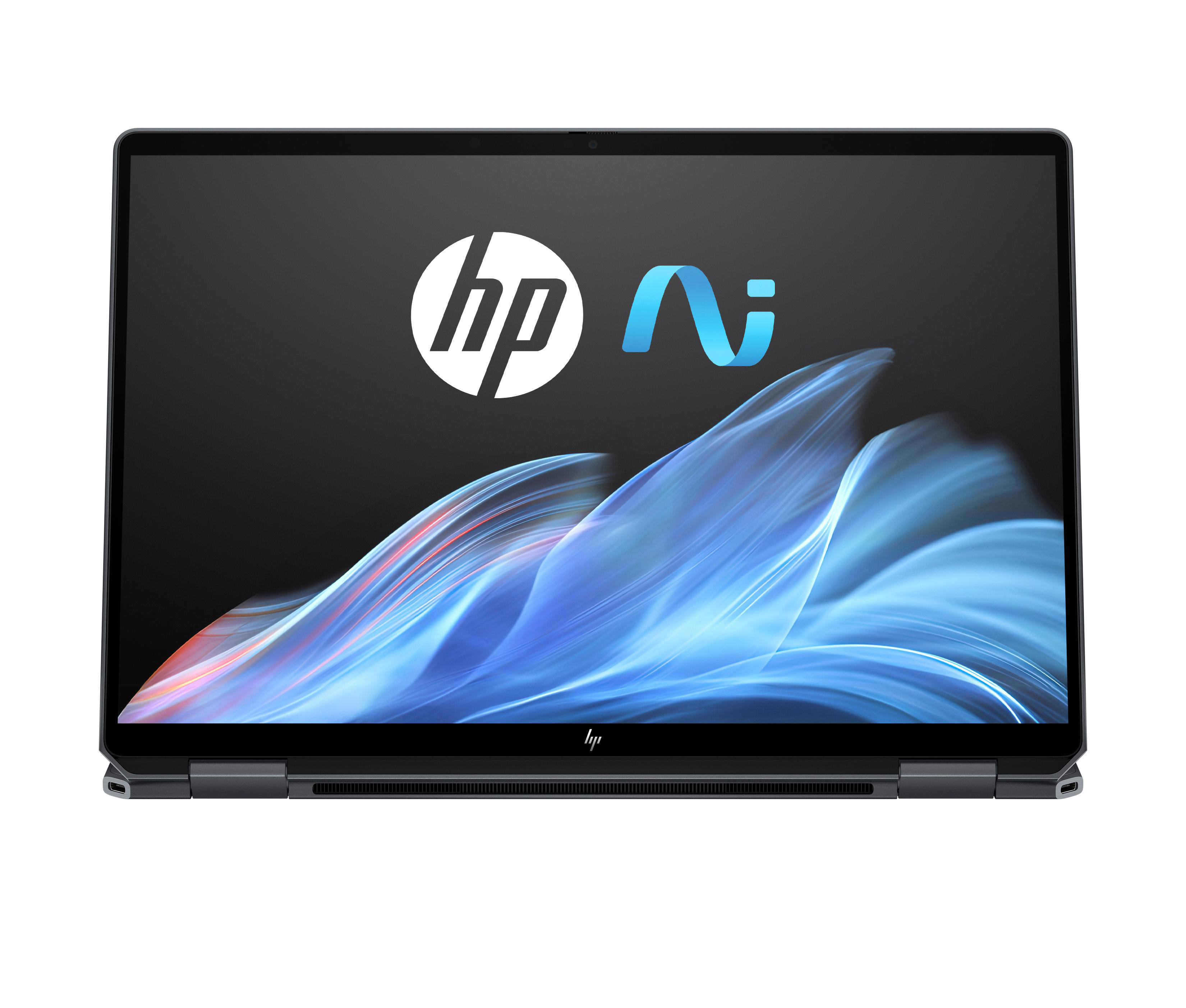 Laptop mit schwarzem Bildschirm, der das HP-Logo und ein blau-weißes Design zeigt.