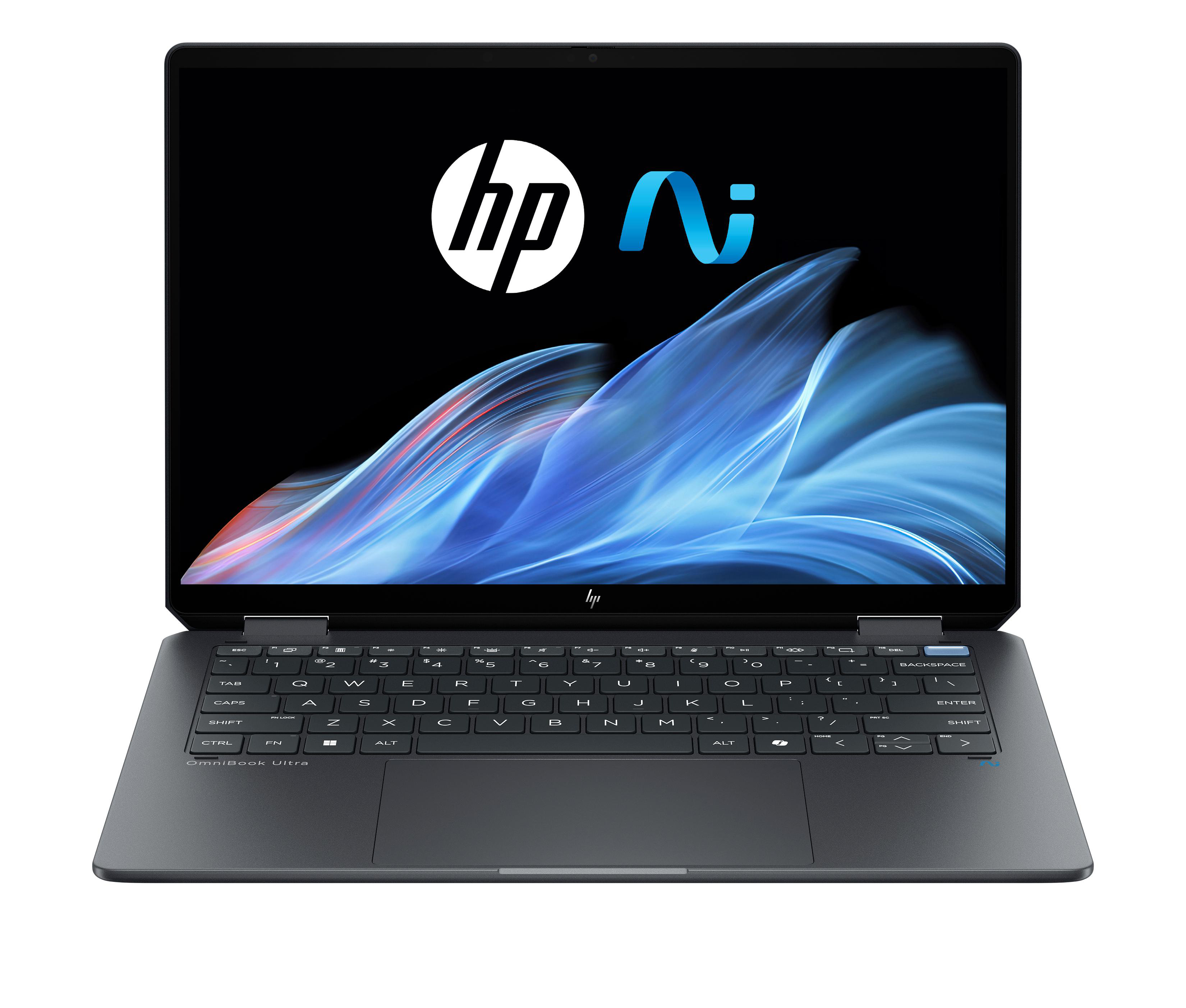HP Laptop mit schwarzem Bildschirm, der das HP- und ein 'n'-Logo anzeigt. Laptop ist auf einem Schreibtisch geöffnet.
