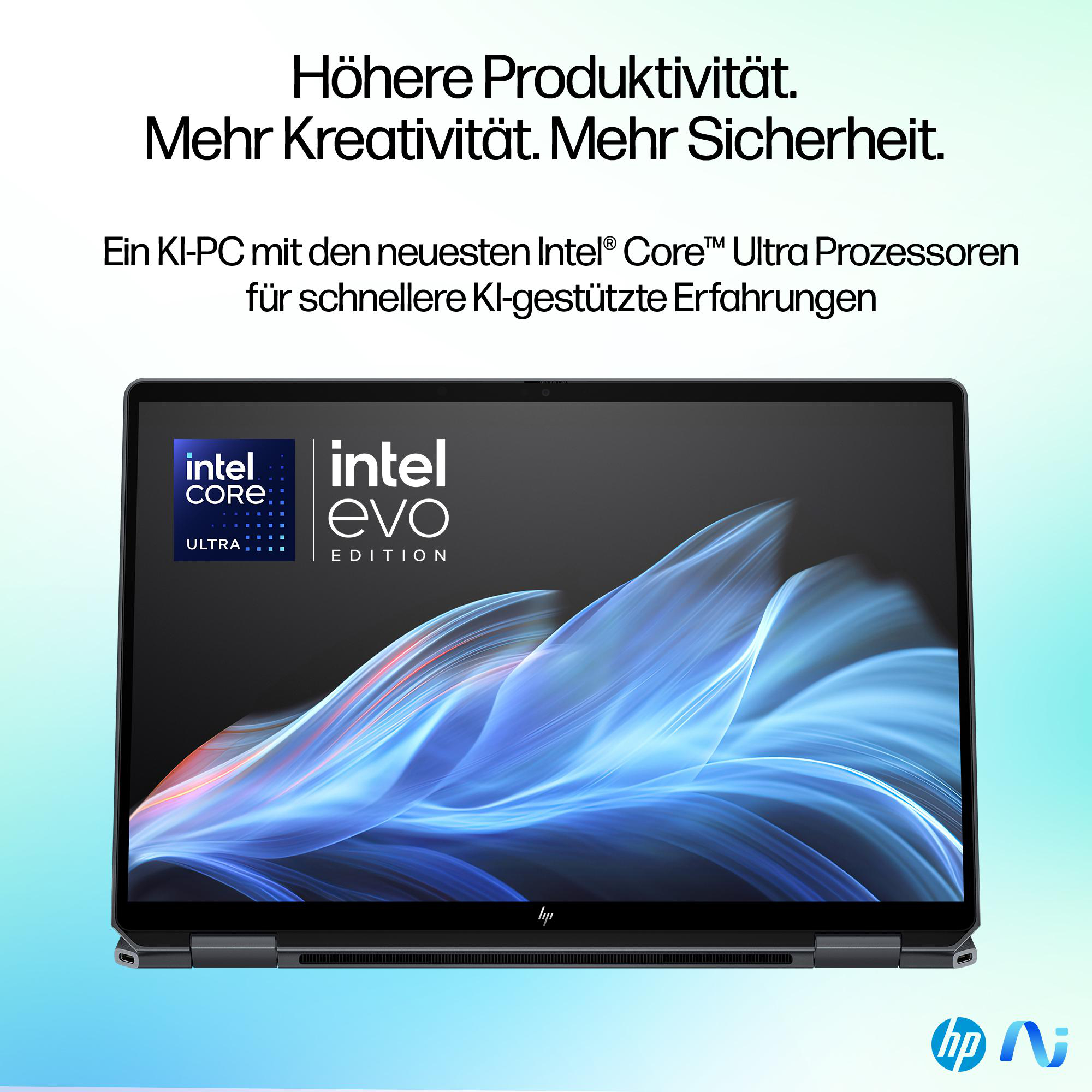 Laptop mit Text. Das Gerät ist geöffnet. Oben steht: „Höhere Produktivität. Mehr Kreativität. Mehr Sicherheit“.