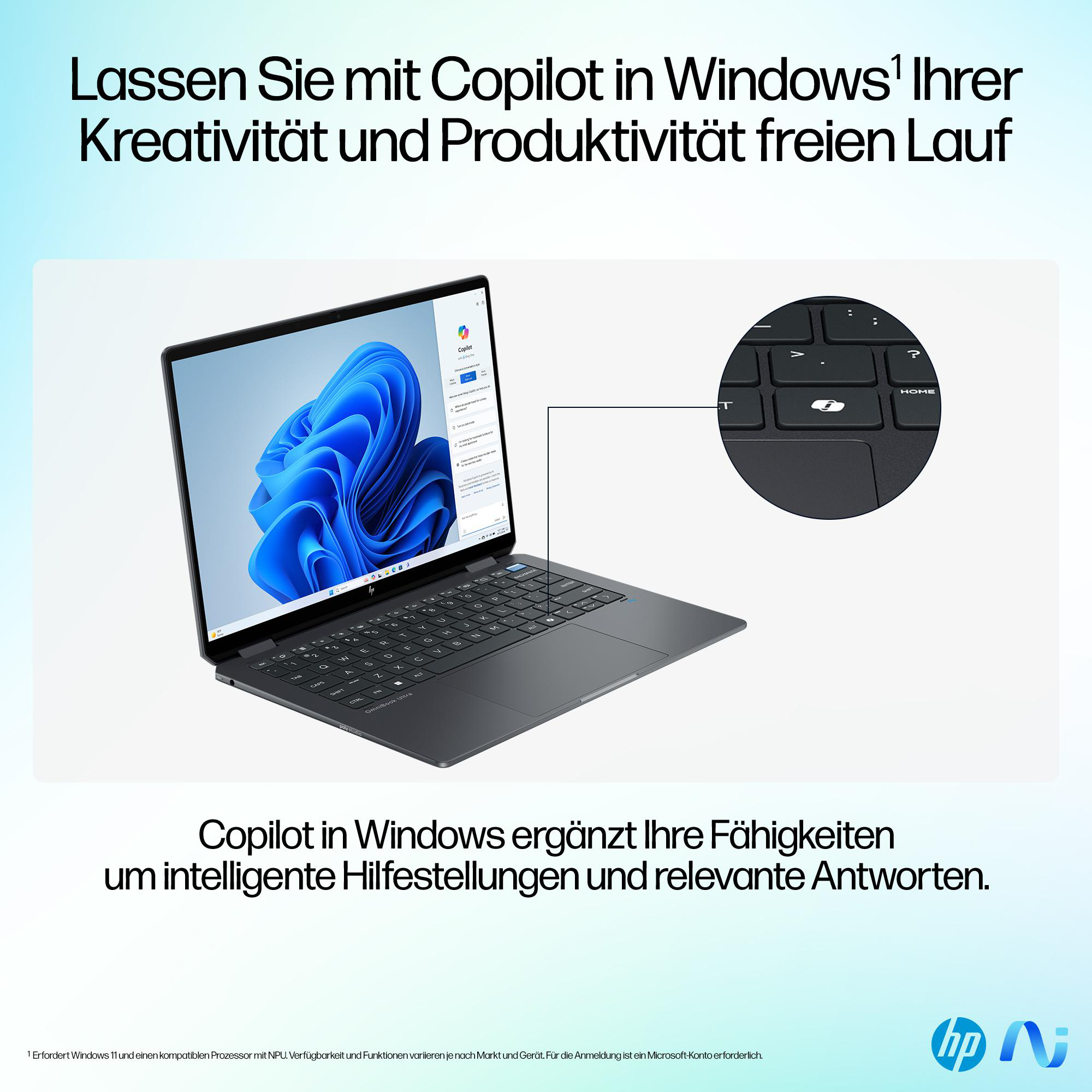 Laptop mit Text über Copilot in Windows, mit Nahaufnahme der Tastatur.