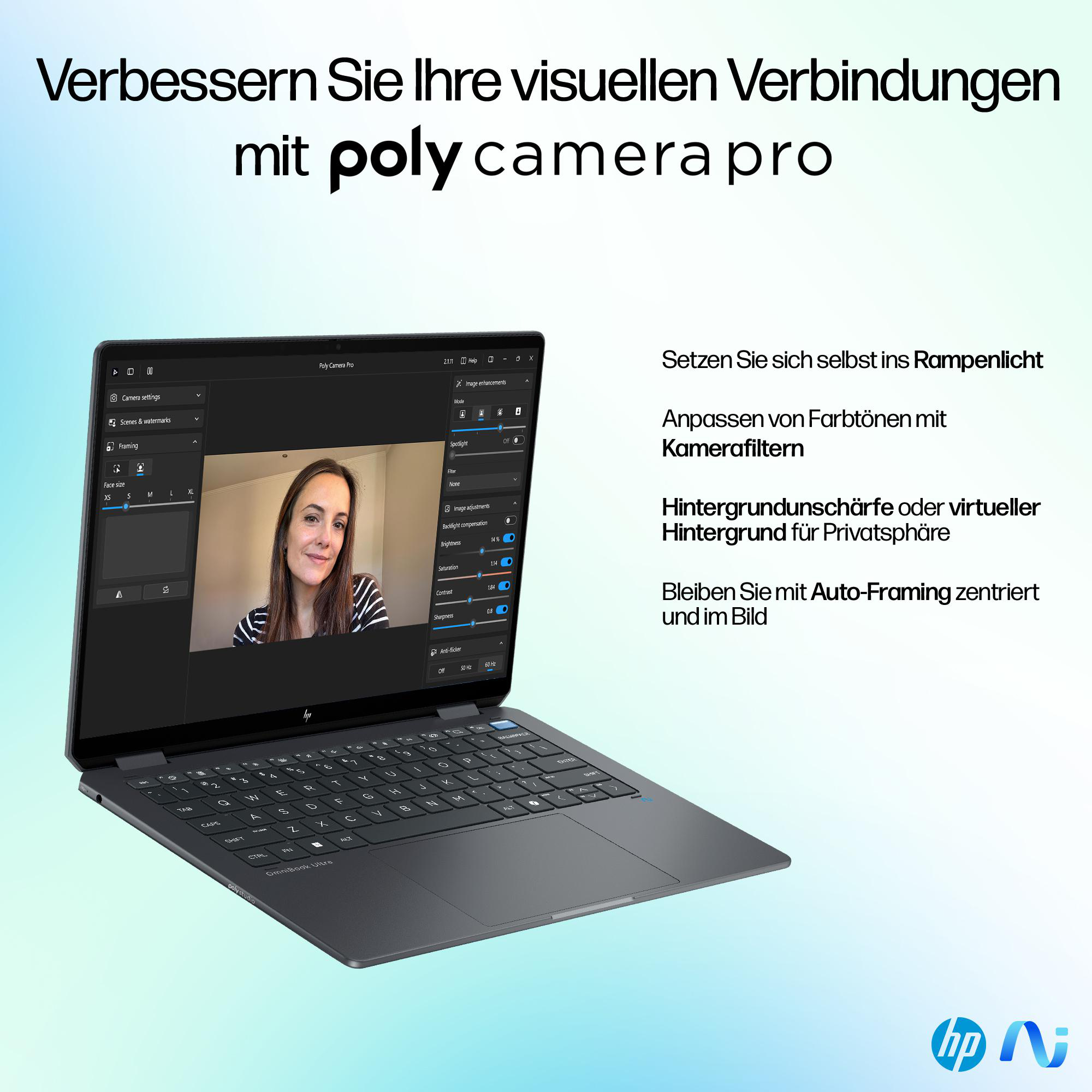 Ein Laptop zeigt eine Frau in einem Videoanruf mit deutschem Text über Kamerafunktionen.