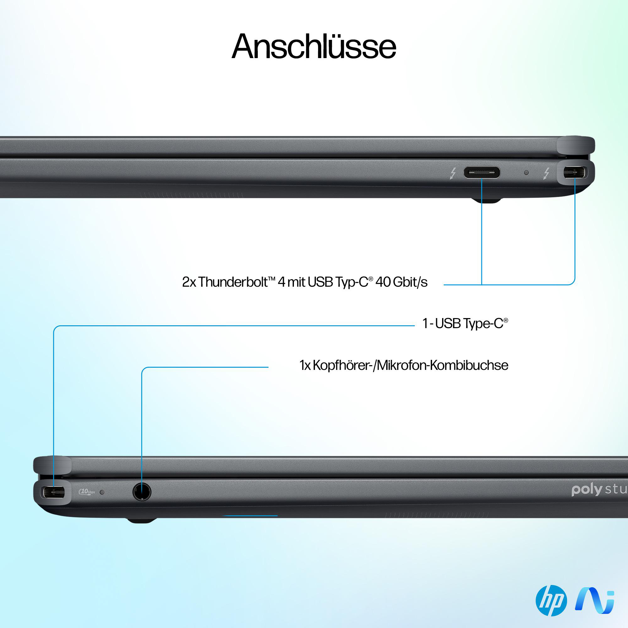 Seitenansicht eines Laptops mit Anschlüssen: 2x Thunderbolt, USB-C und Kopfhöreranschluss.