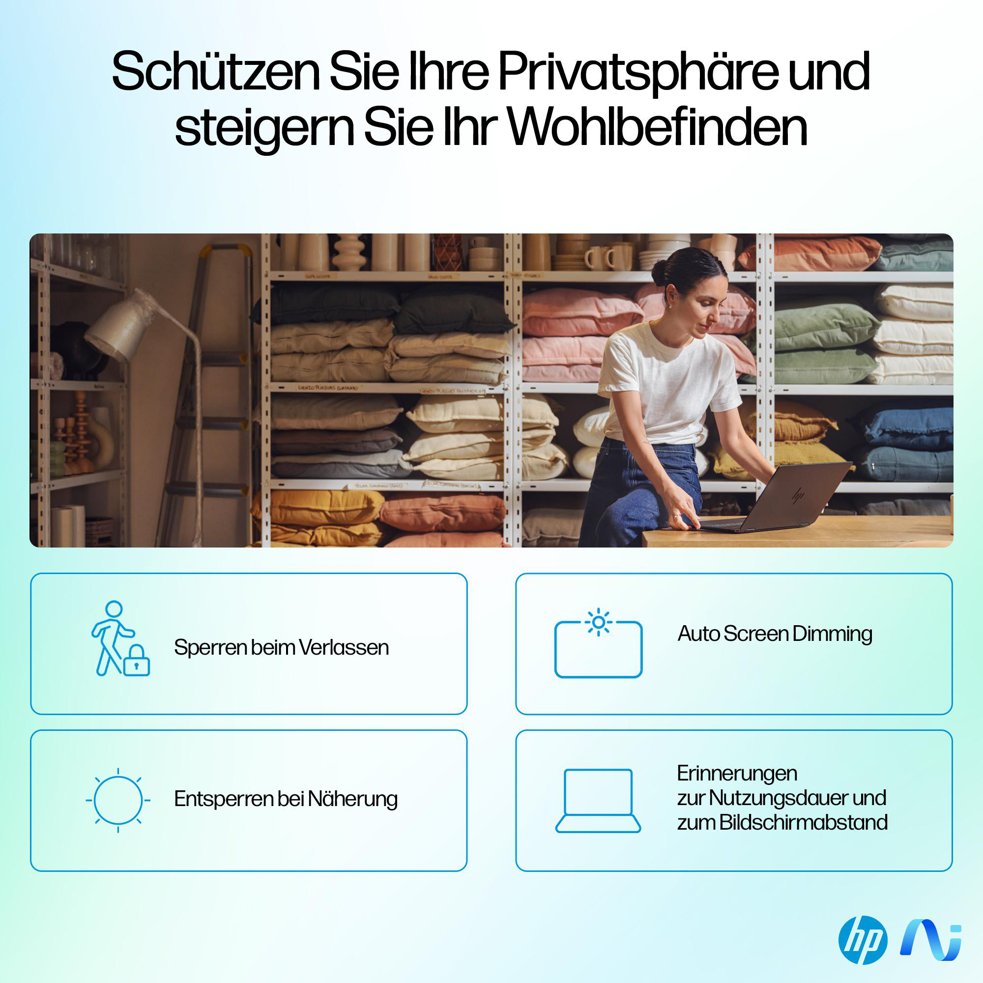 Frau benutzt Laptop, mit Optionen für Privatsphäre und Wohlbefinden.