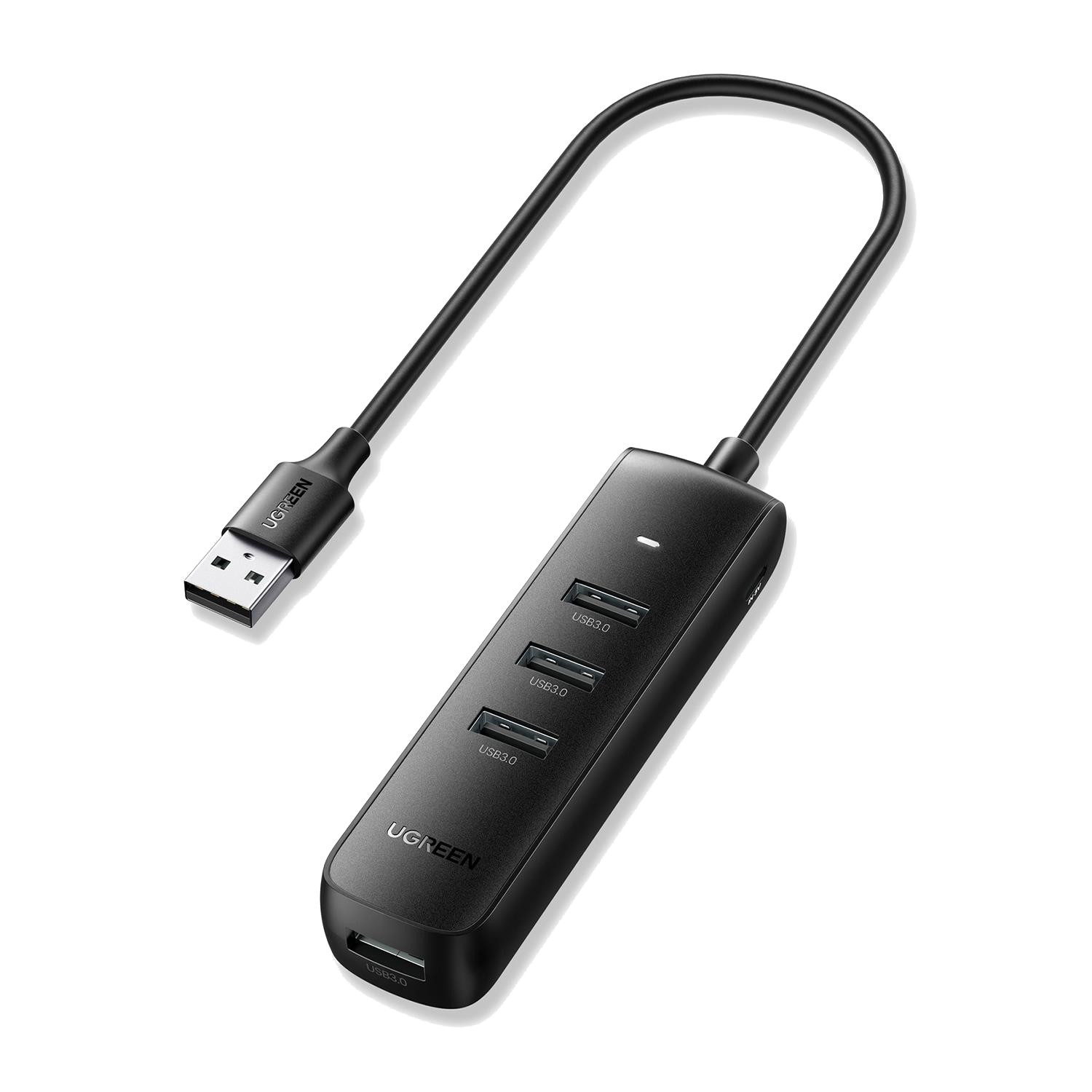 Siyah UGREEN USB 3.0 hub, 3 bağlantı noktası ve USB konnektörüne sahip. Hub'ın siyah kablosu var.